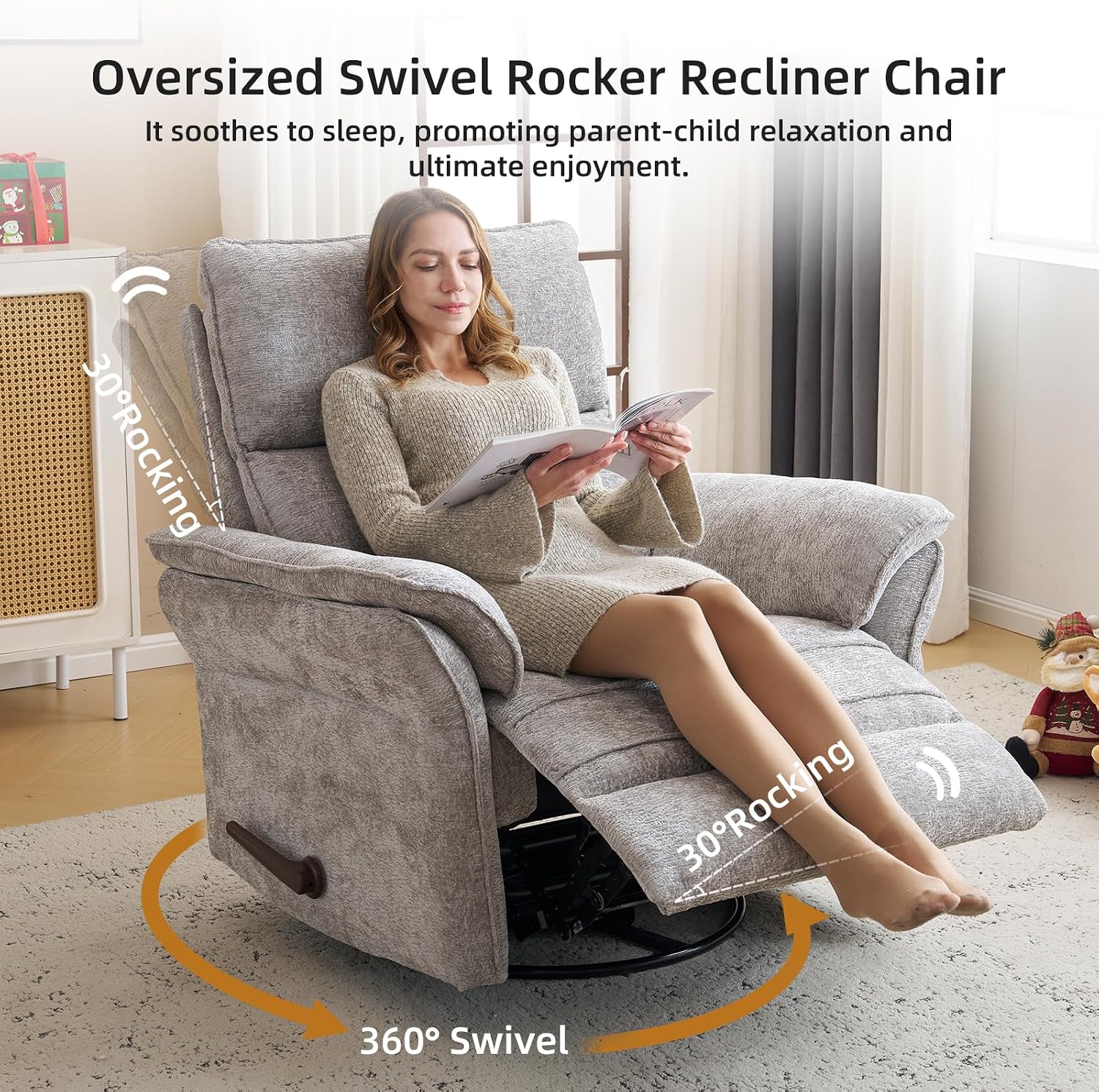 Oversized Glider Rocker Recliner, 26' Extra Wide 360° Swivel Nursery Recliner with Adjustable Headrest, Chenille Rocking Nursery Chair with Overstuffed Armrest, Lumbar Support, Light Grey