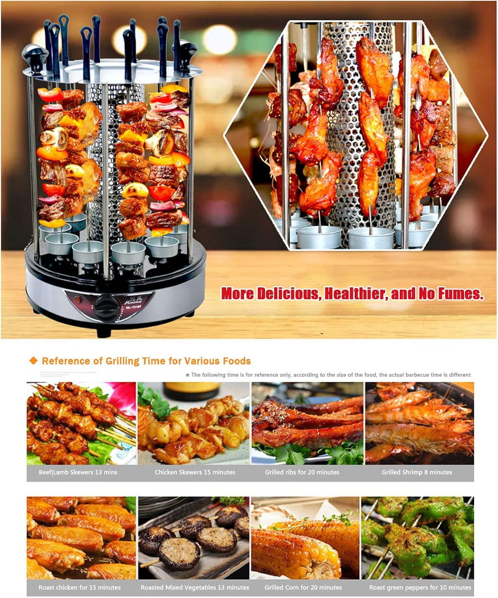 Electric BBQ Smokeless Grill Indoor - Vertical Barbecue Grill, Includes Skewers, Machine Rotisserie Grill for Home- Broiling Meat Layers, Shashlik, Gyros, Sausages, Poultry