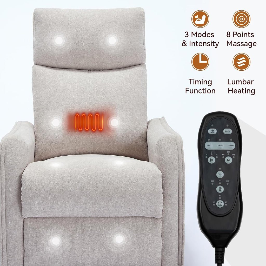 Massage Rocker Swivel Recliner Chair for Adults, Manual Recliner Glider with Lumbar Heating, Technical Flannel Fabric Nursery Glider Rocking Chair with Vibration Massage for Living Room - Beige