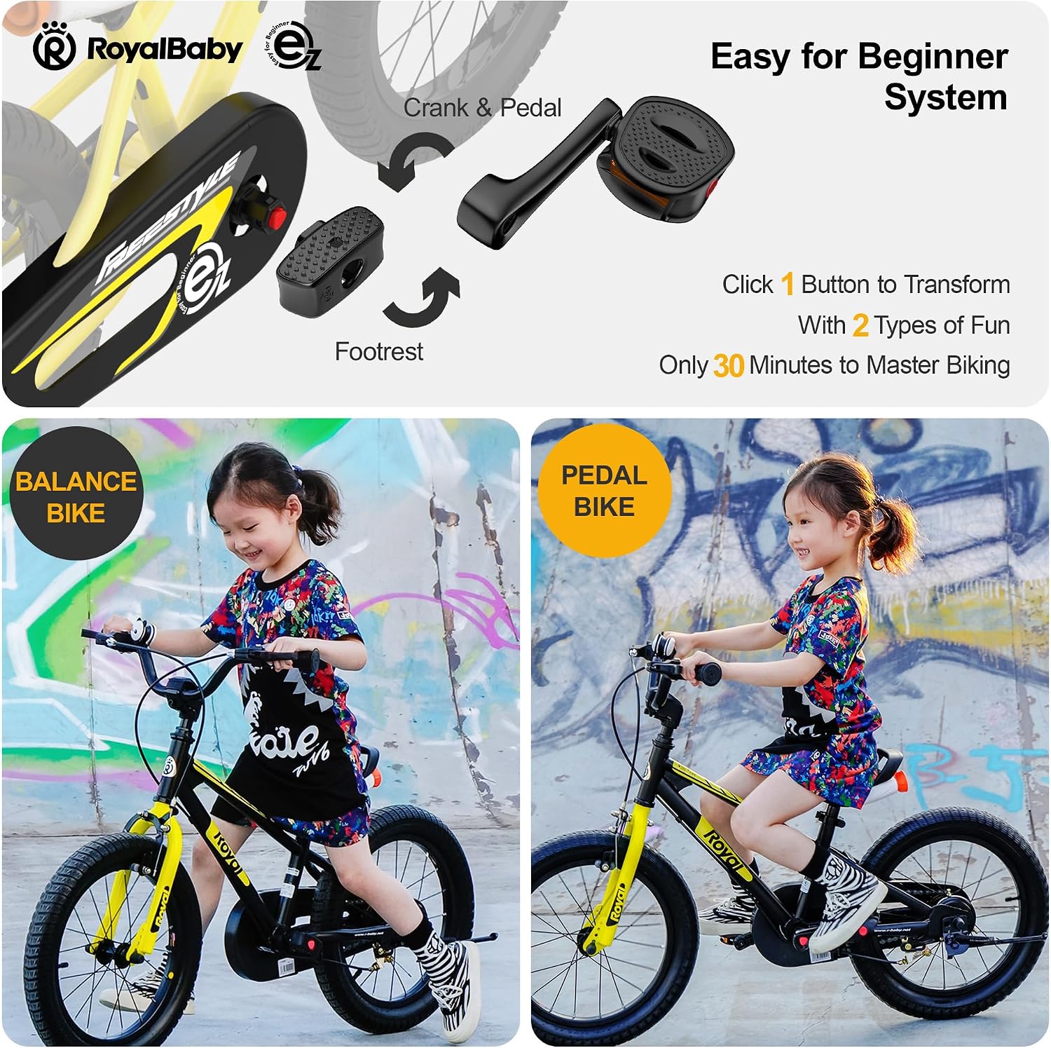 RoyalBaby EZ Kids Bike 12 14 16 18 20 Inch Balance Pedal 2-in-1 Training Bicycle Boys Girls Ages 3 to 12 Years Easy Learn for Beginners