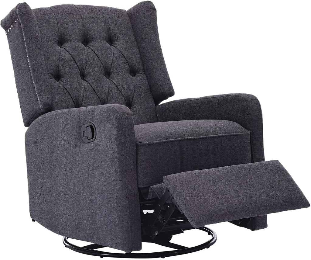 HRVEOCEI Glider Recliner Nursery Chair, Cozy Linen Rocking Chair Nursery Recliner with Adjustable Button Backrest and Footrest, Swivel Recliner Chair for Living Room, Bedroom, Office (Dark Gray)