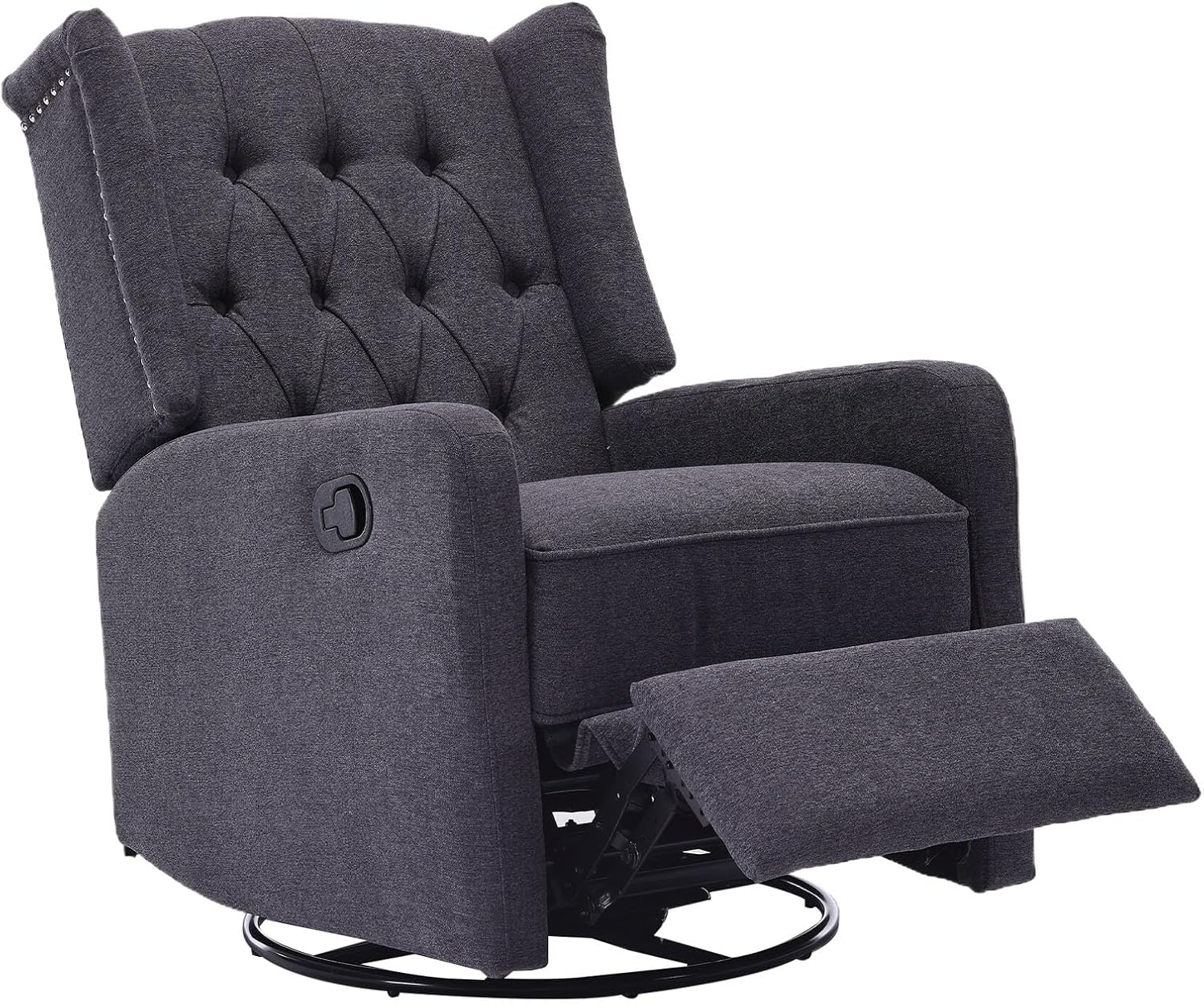 HRVEOCEI Glider Recliner Nursery Chair, Cozy Linen Rocking Chair Nursery Recliner with Adjustable Button Backrest and Footrest, Swivel Recliner Chair for Living Room, Bedroom, Office (Dark Gray)