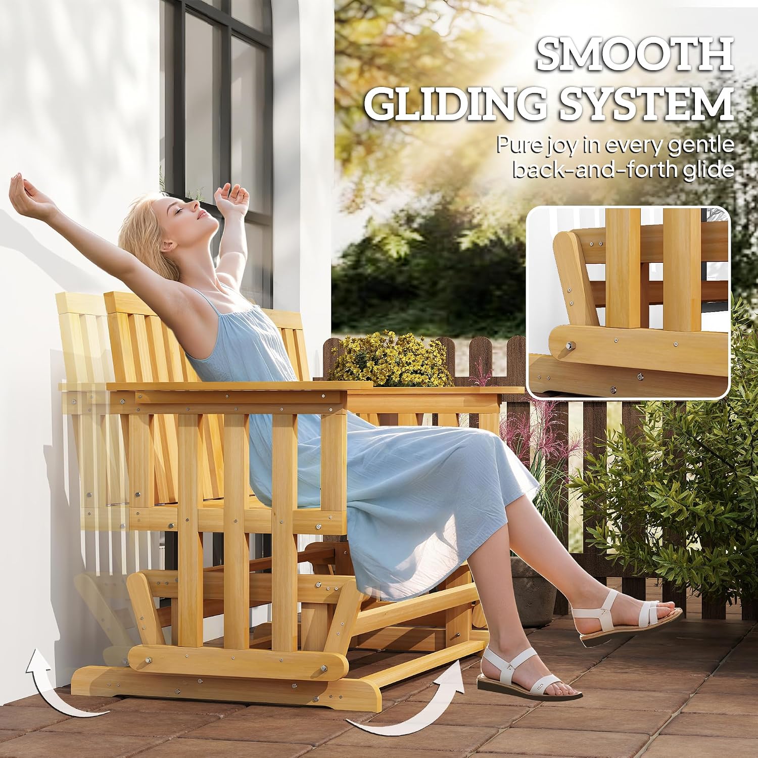 Outsunny 2-Person Patio Swing Glider Bench with Quick Drying Design and Wide Armrest, Wood Rocking Chair Loveseat for Backyard Garden Porch, Natural