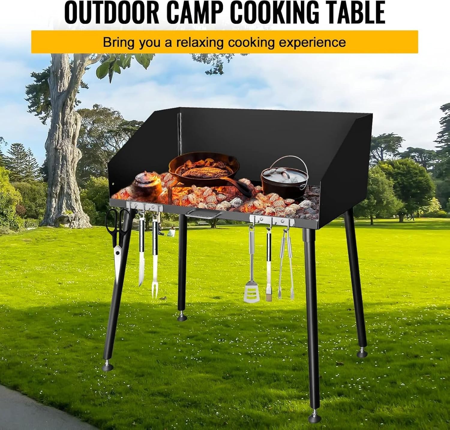 Carbon Steel Camp Cooking Table, Dutch Oven Table with Three-Sided Windscreen and Four Legs for Grill Travel Outdoor Picnic,Beach,BBQ,Backyards,38x16