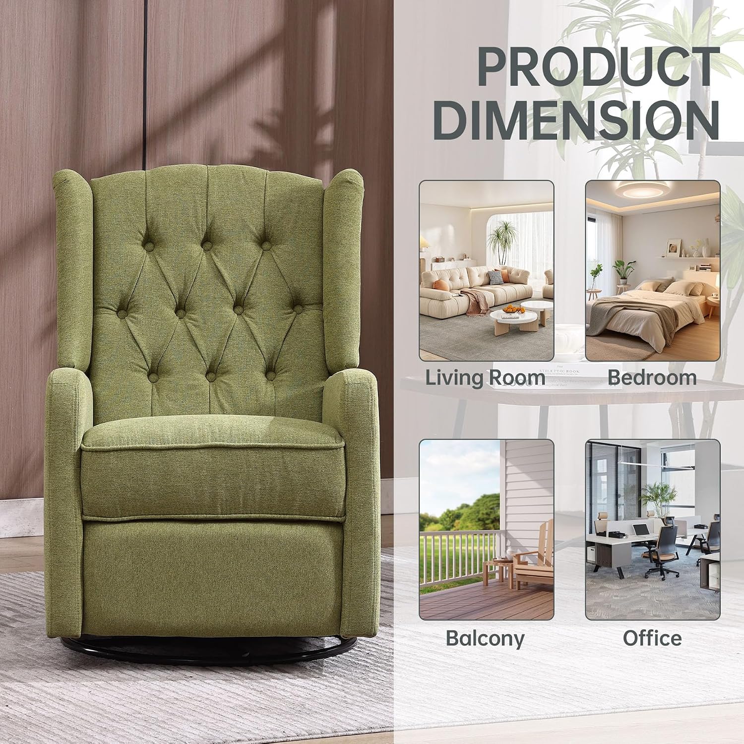 HRVEOCEI Glider Recliner Nursery Chair, Cozy Linen Rocking Chair Nursery Recliner with Adjustable Button Backrest and Footrest, Swivel Recliner Chair for Living Room, Bedroom, Office (Olive Green)