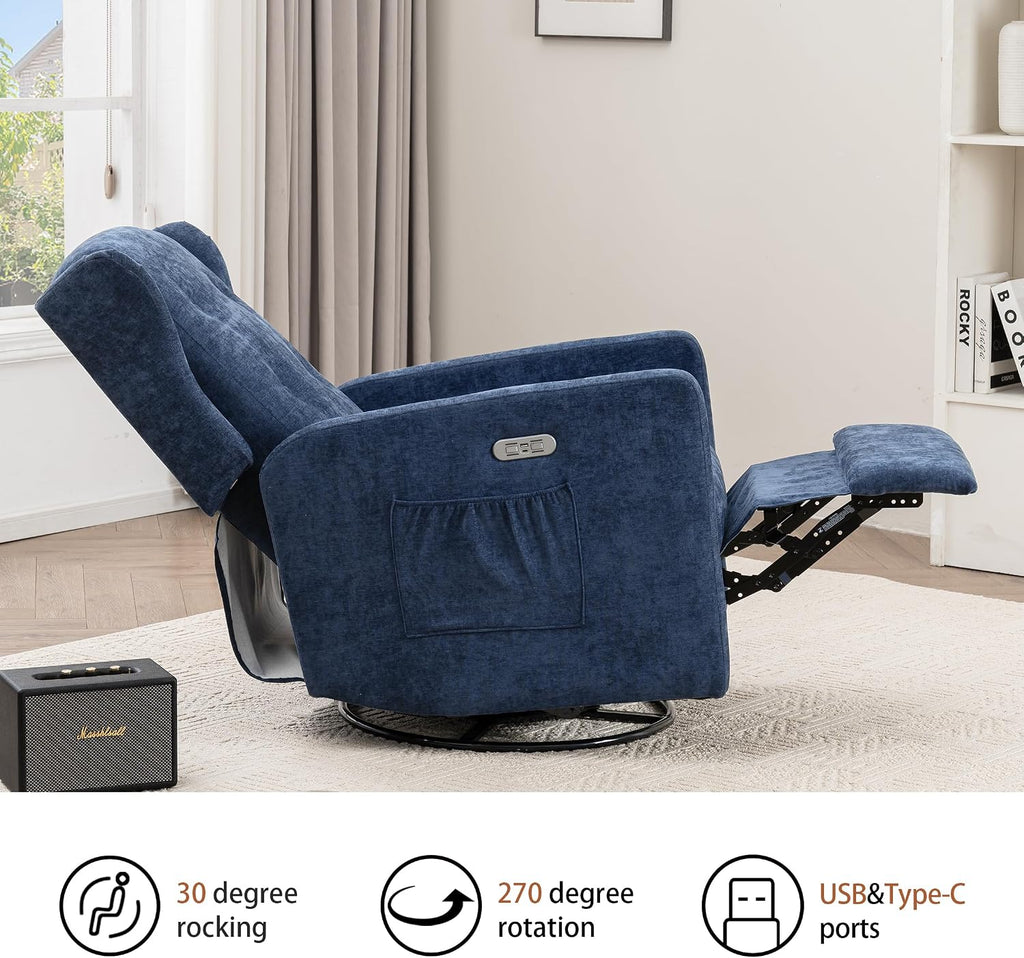 Ketaiyou Power Swivel Rocking Recliner Chair, Electric Rocker Nursery Glider Chair, USB and Type-C Ports, Upholstered Fabric Reclining Single Sofa Chair for Living Room (Blue)
