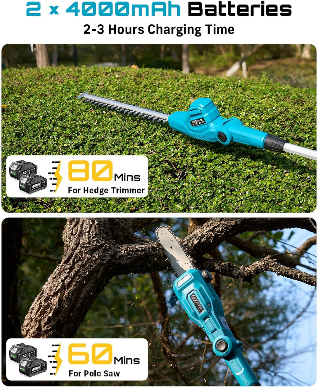 SEESII 2-in-1 Cordless Pole Saw & Hedge Trimmer Combo, 8' Electric Pole Chainsaw with 2×4.0 Ah Batteries, 16-Inch Extension Pole Hedge Trimmer, Bush Tree Pruner Limb Branch Cutter, 15ft Long Reach