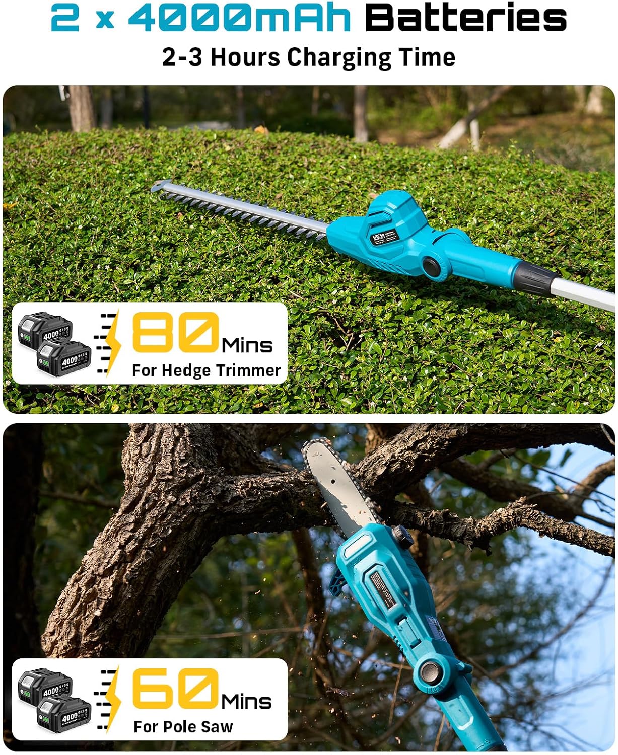 SEESII 2-in-1 Cordless Pole Saw & Hedge Trimmer Combo, 8' Electric Pole Chainsaw with 2×4.0 Ah Batteries, 16-Inch Extension Pole Hedge Trimmer, Bush Tree Pruner Limb Branch Cutter, 15ft Long Reach