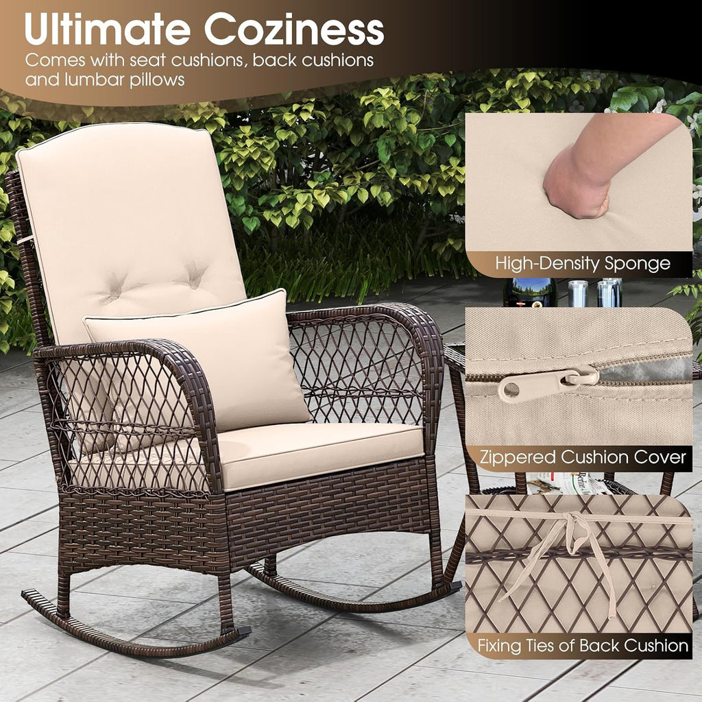 Tangkula 3 Piece Patio Rocker Set, Patiojoy Outdoor Wicker Rocking Chairs w/Double-Layer Coffee Table, Rattan Rocker Chair Set w/Seat Back Cushions & Pillows, for Porch, Backyard, Poolside (Beige)