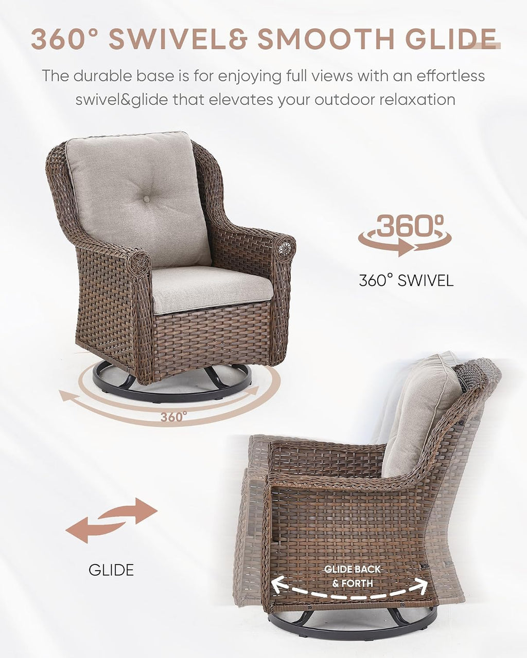 Patio Chairs Outdoor Swivel Glider - Set of 2 High Back Outside Brown Wicker Rattan Rocking Chair with Thick Cushion for Porch Apartment Deck Yard Poolside Garden - Beige