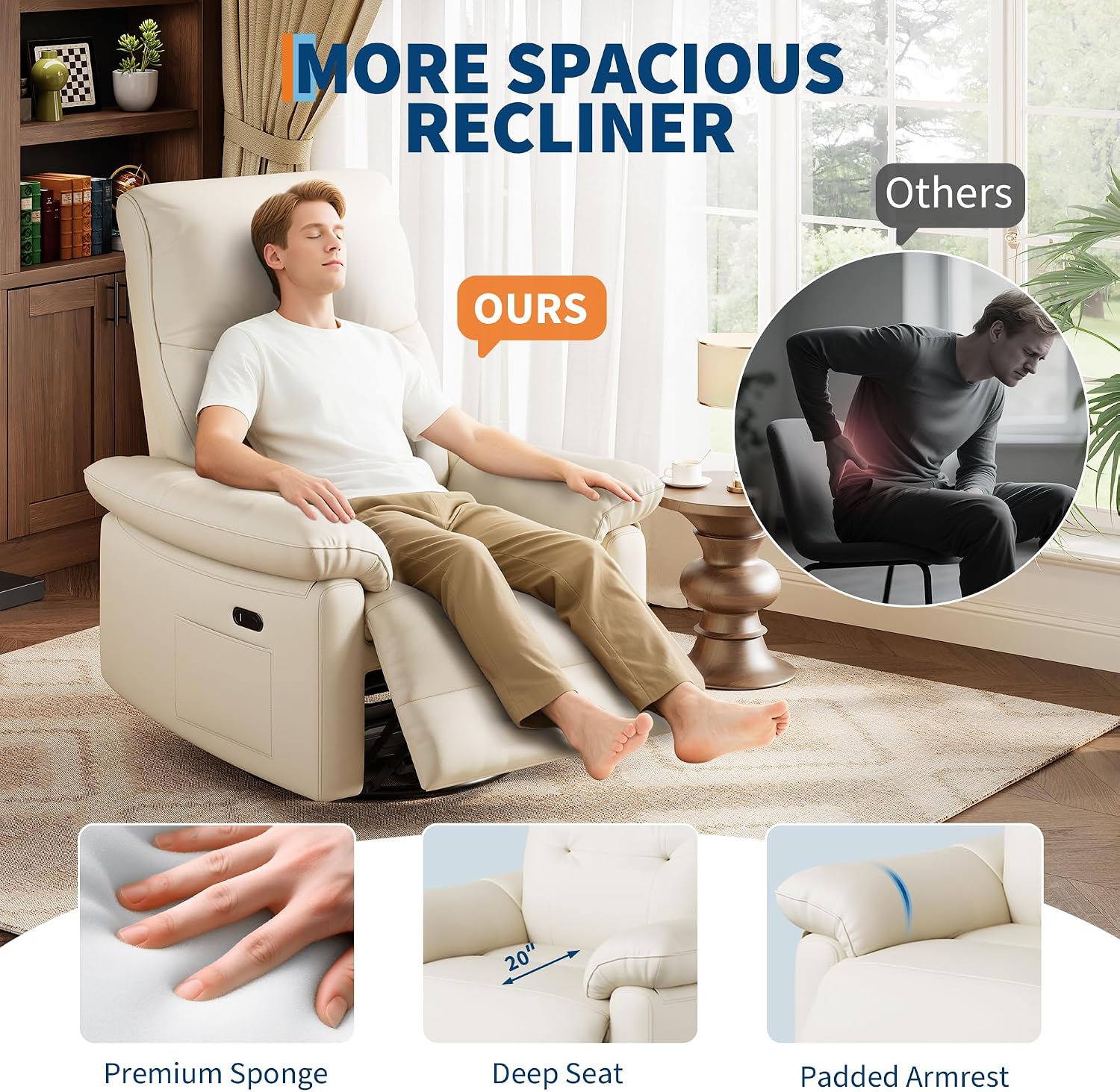 Power Recliner Chair, 270° Swivel Rocking Glider with USB Charging Port, PU Leather Upholstered Fabric and Button Tufted Backrest, Ergonomic Nursery Chair for Living Room (Beige)