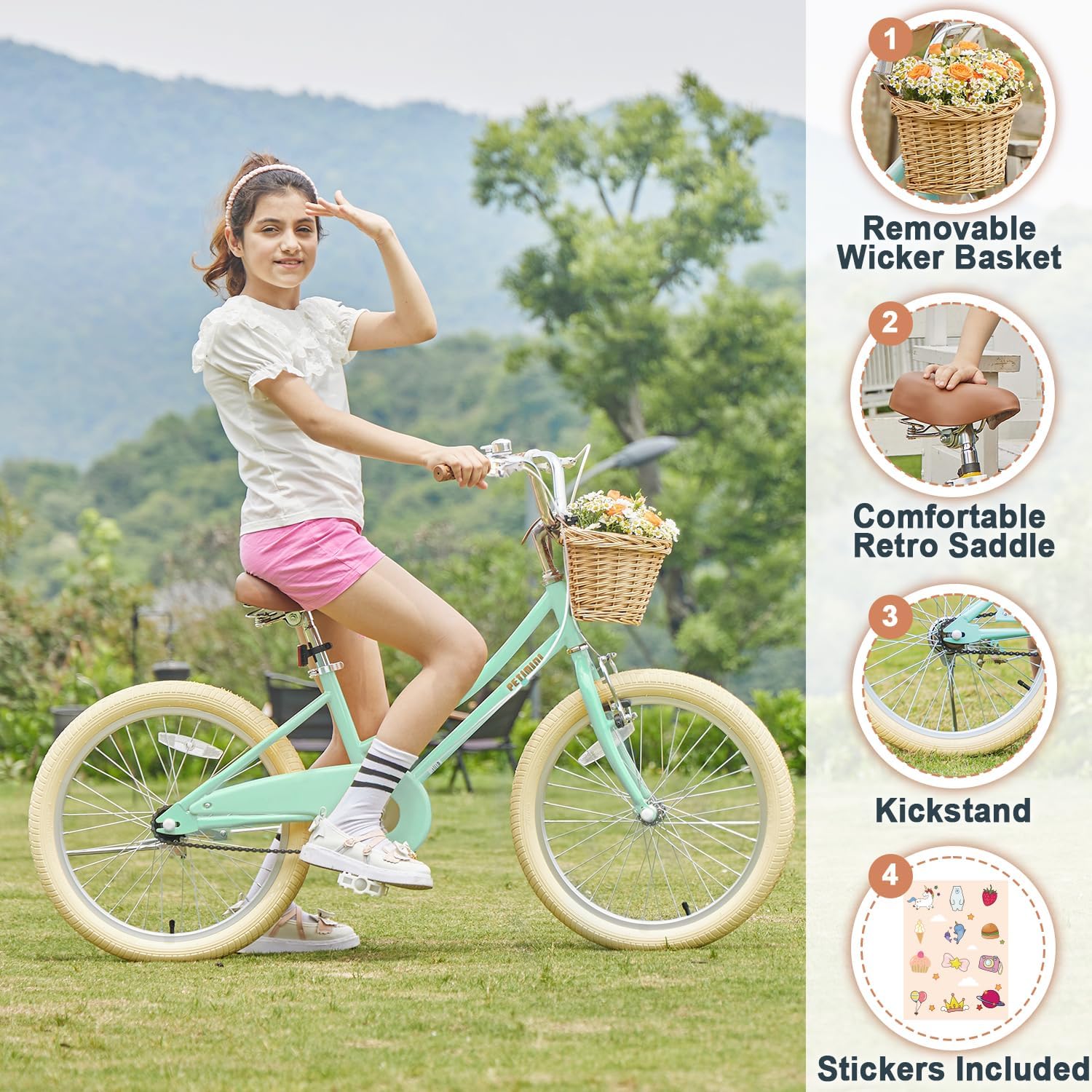 Petimini Vintage Kids Bike for Girls, 12–20 Inch Classic Bicycle with Wicker Basket & Bell, High Tensile Steel Frame, Training Wheels (12–18'), 85% Pre-Assembled, Retro Bike for Outdoor Riding