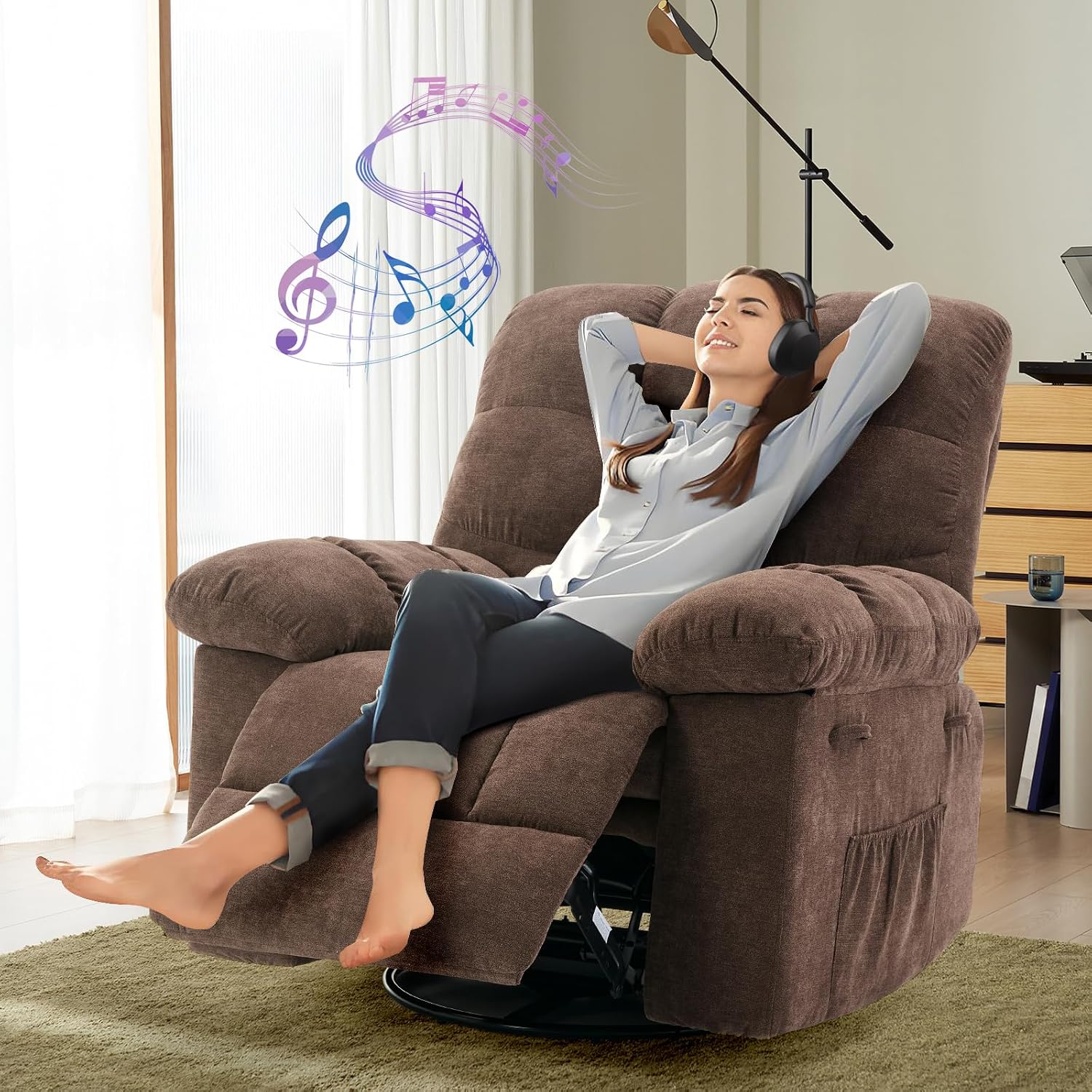 Rocking Recliner Chair,360° Swivel,30° Rocking,135° Tilt,Chenille Upholstery,Q235 Steel Frame Glider Nursery Chair for Small Spaces