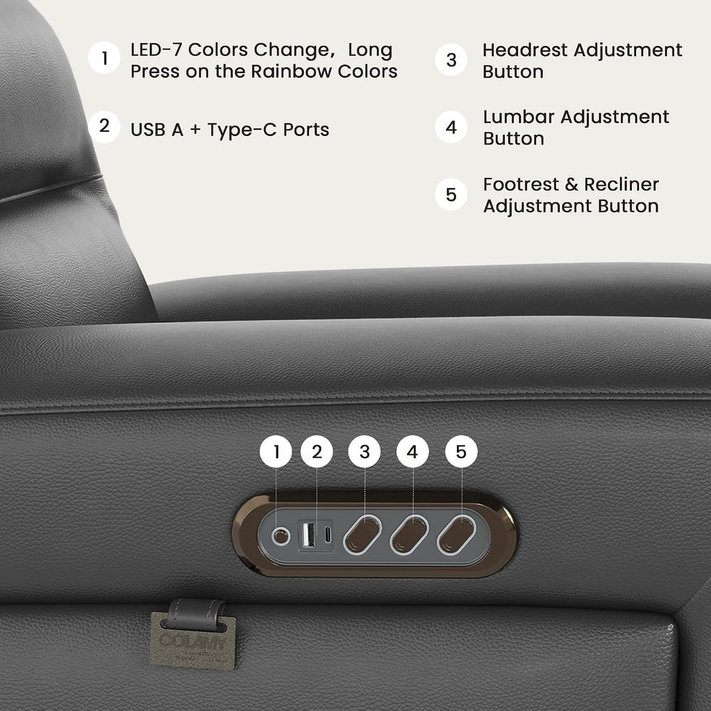 COLAMY Triple Motors Power Recliner Chair, Leather Wall Hugger Reclining Sofa for Home Theater, Nursery, Independent Headrest & Lumbar Support, Overstuffed Seating with USB Ports & LED,Black