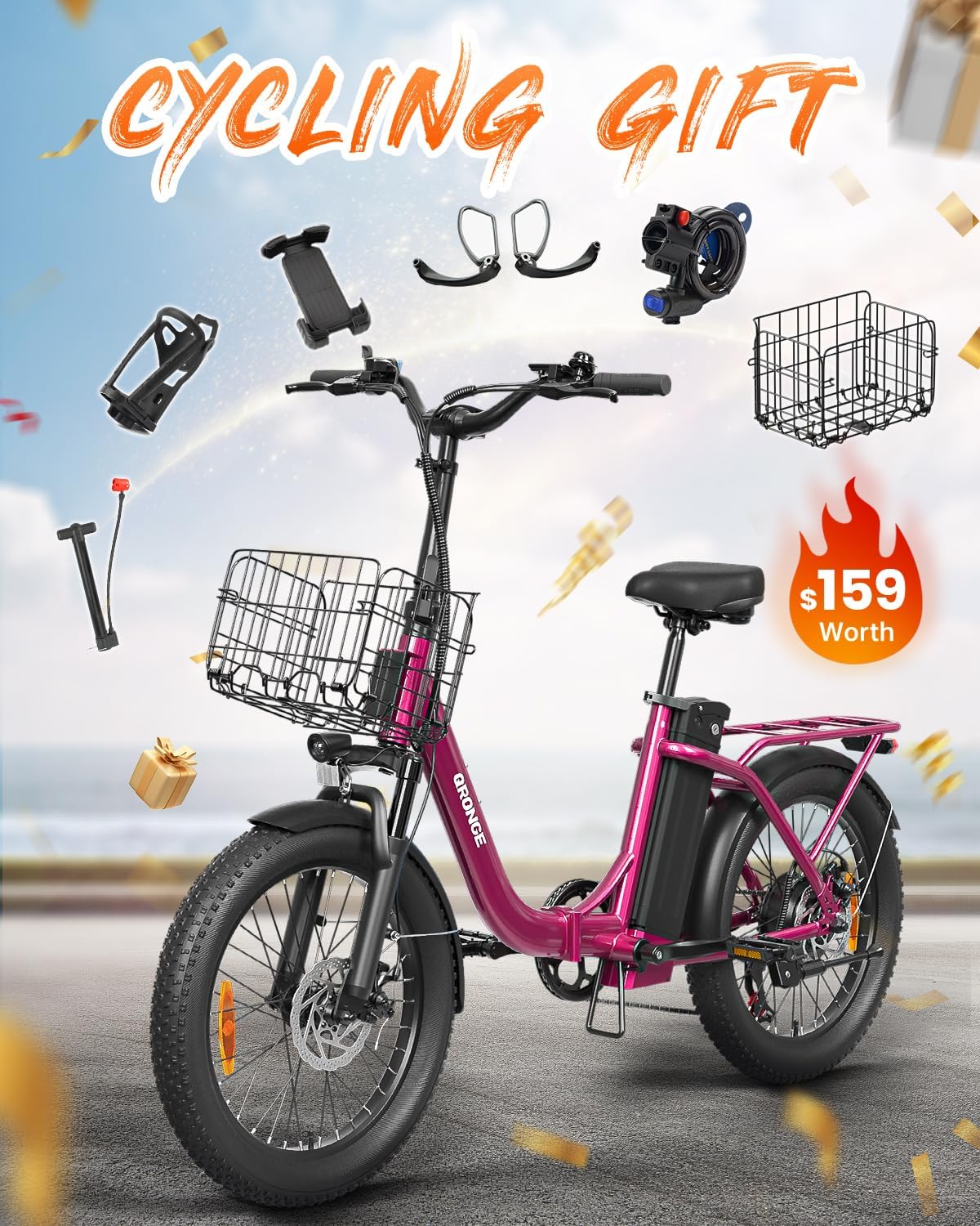 QRONGE Electric Bike, 1000W Peak Folding Electric Bike, 486Wh 70 Miles Range Ebike, 20' Step-Thru Bicycle with Front Basket, Waterproof Removable Battery, 7 Speed, 25 MPH Max, Rose Red