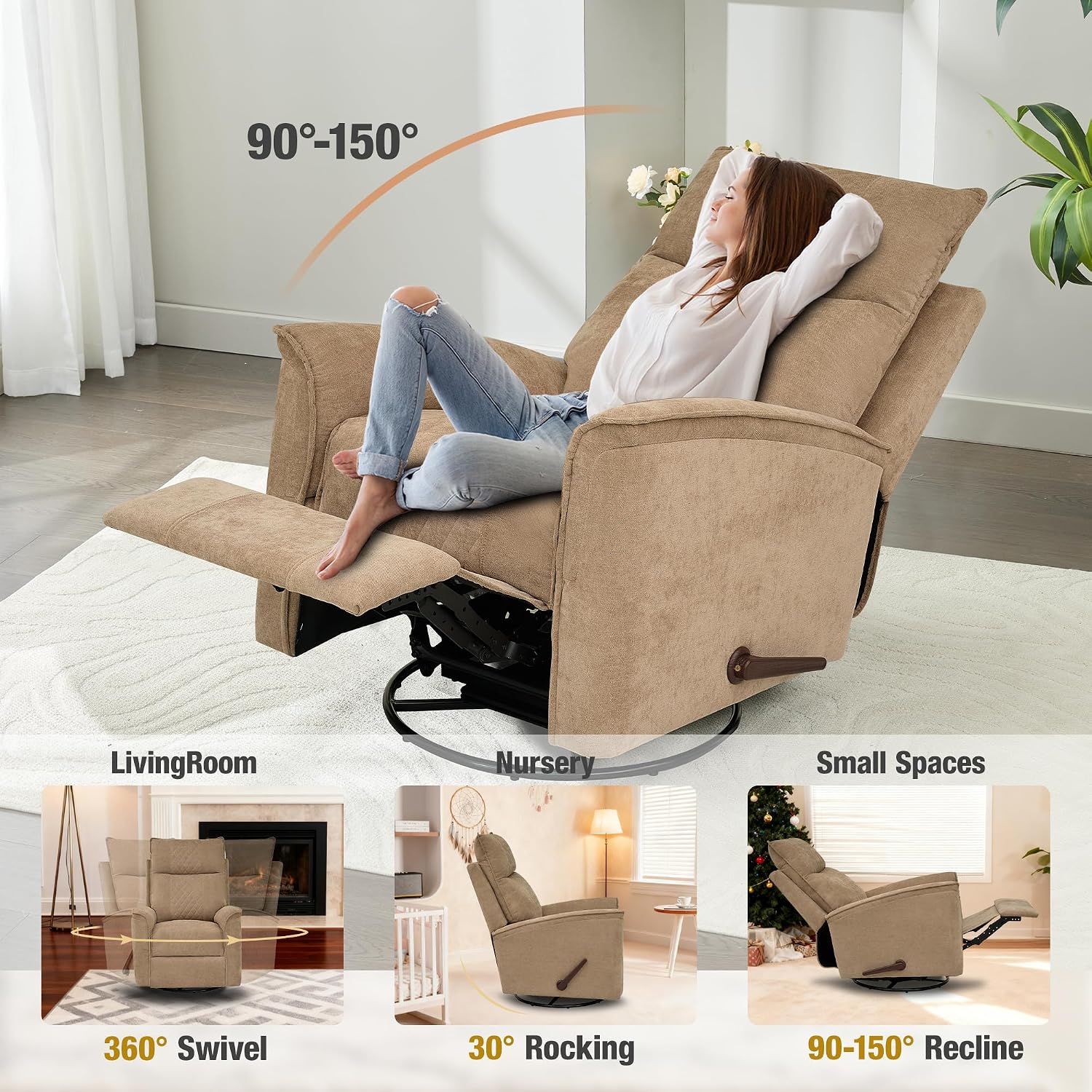 Swivel Rocker Recliner Chair for Adults, Rocking Chair, Small Swivel Recliner for Small Spaces, Living Room, Bedroom, RV(Khaki)