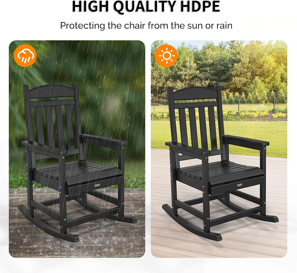 VINGLI Outdoor Rocking Chair Set of 2, Patio Rocking Chair with Higher Backrest, Outdoor Rocker with Comfortable Seat, All Weather Rocking Chair for Garden, Yard, Balcony, Black