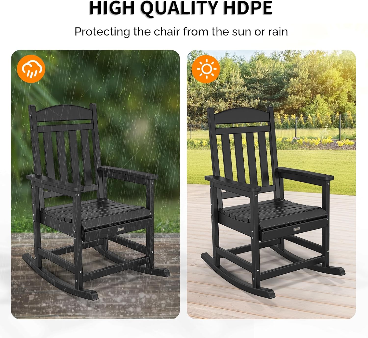 VINGLI Outdoor Rocking Chair Set of 2, Patio Rocking Chair with Higher Backrest, Outdoor Rocker with Comfortable Seat, All Weather Rocking Chair for Garden, Yard, Balcony, Black