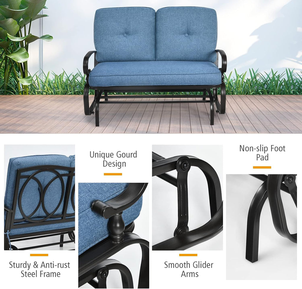 Giantex Outdoor Glider Bench, Patio Loveseat with Cushions, 440 Lbs Capacity, 2-Person Outdoor Rocking Chair, Porch Glider Swing for Garden, Backyard, Poolside, Patio Seating Rocker (Navy)