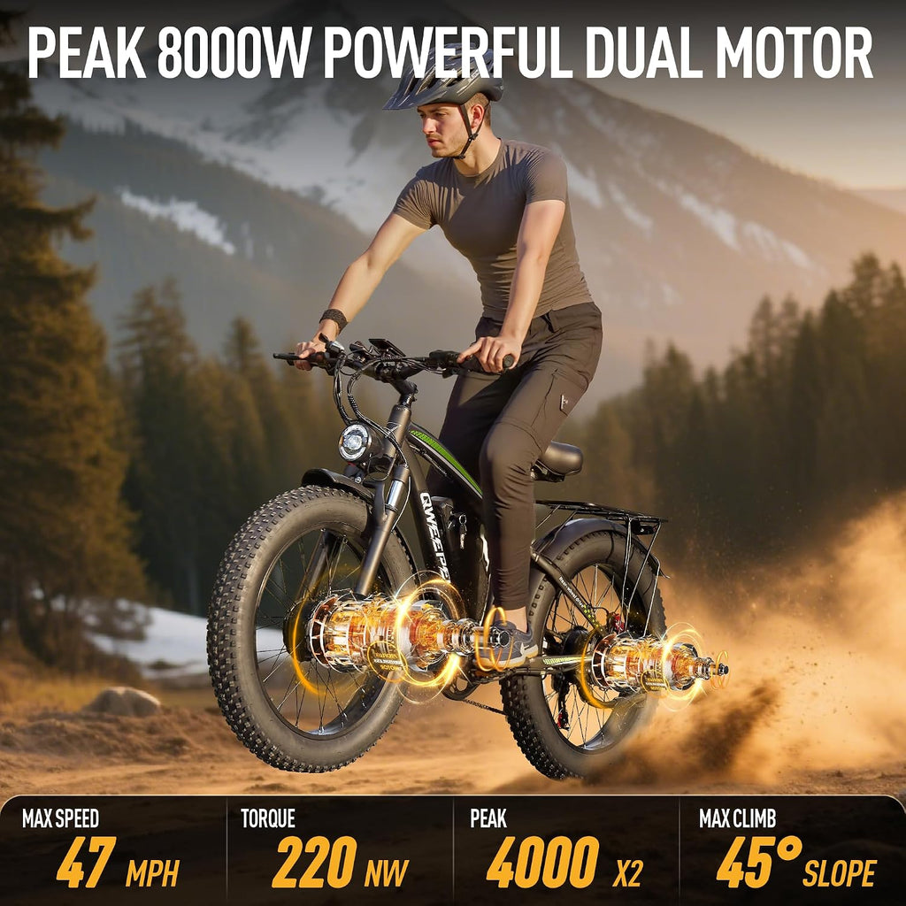 Dual Motor Ebike 8000W Peak for Adults - 58V Max-Output 36AH Battery 24 Inch Fat Tire Electric Bike LCD Display Fast 47MPH 105 Miles Range for Hunting Fishing