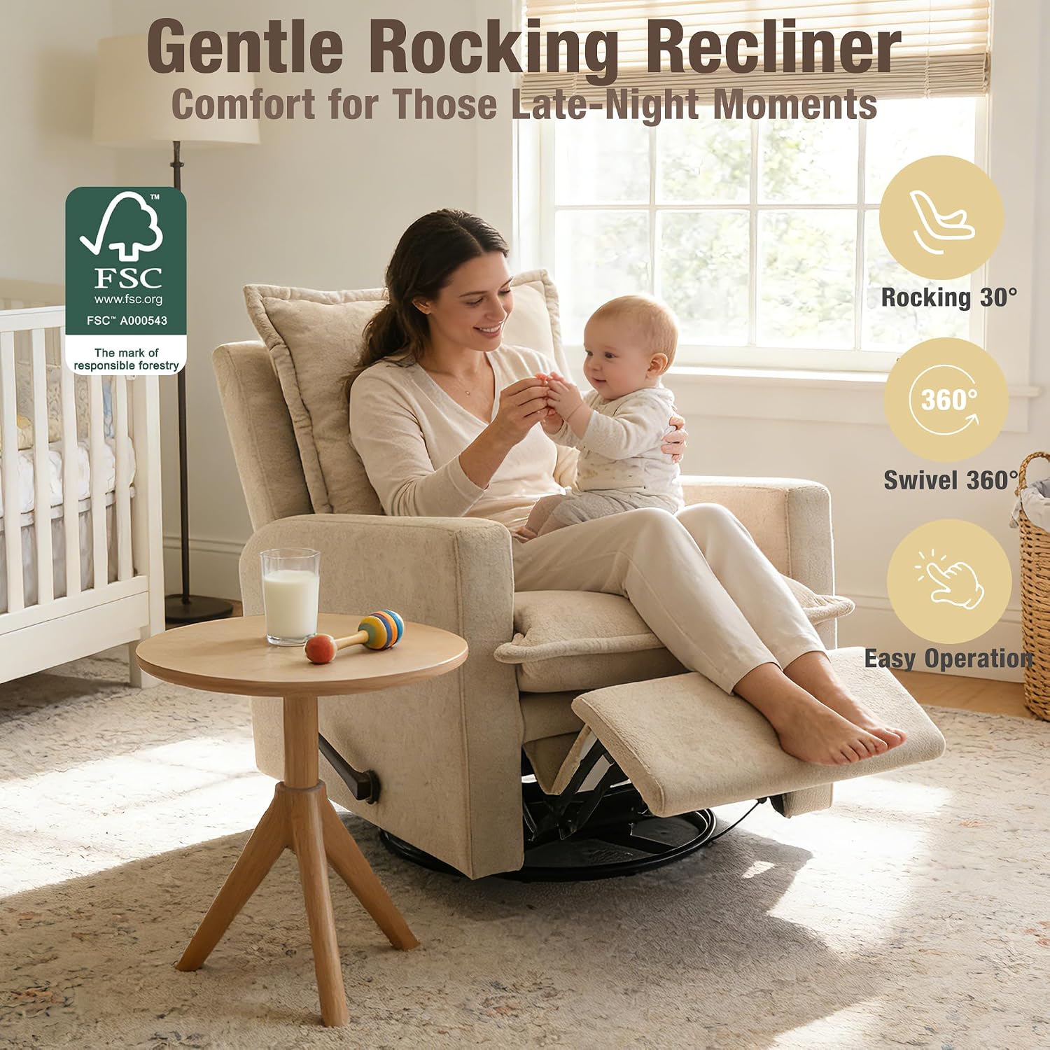 Rocking Chair Nursery Swivel Rocker Recliner Chair, High Back Adult Manual Recliner for Small Spaces, Glider Rocking Reclining Sofa for Living Room Bedroom, Beige