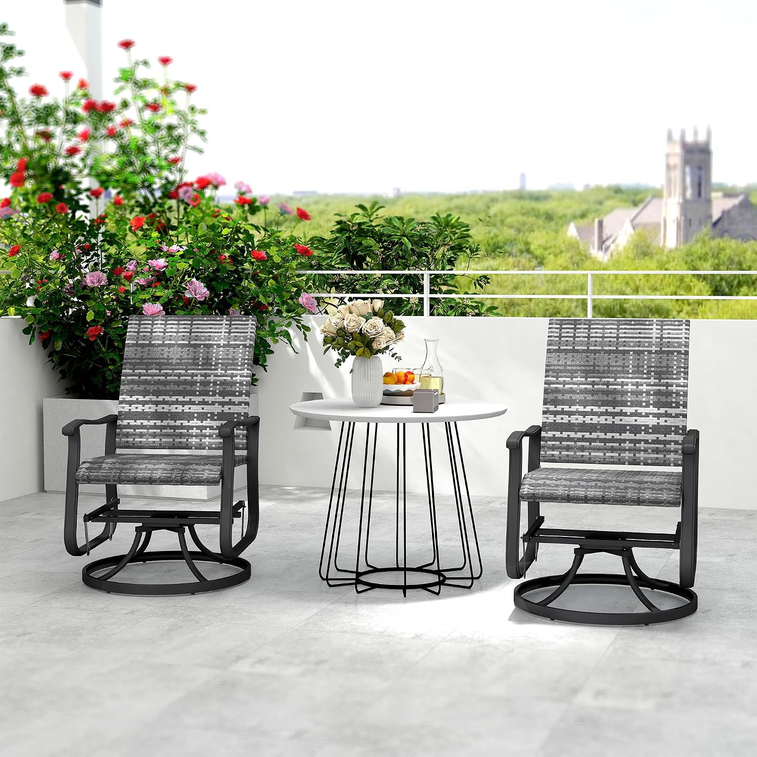 Outsunny Patio Glider Chair Set of 2, Wicker Rattan Outdoor Swivel Chair with Steel Frame, High Back, Armrests, Porch Glider with Adjustable Foot Pads for Garden, Lawn, Backyard, Gray