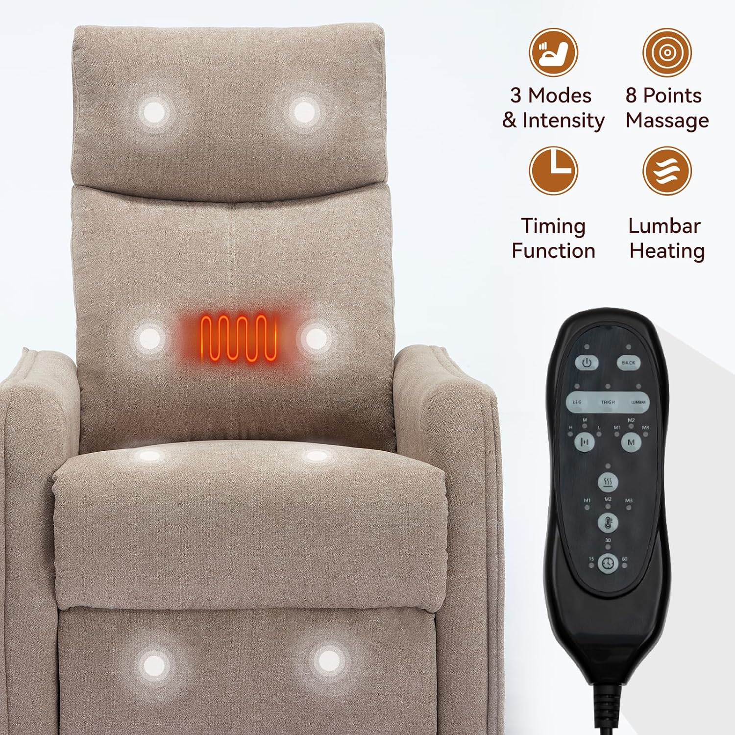 PELUMY 360 Swivel Rocking Recliner Chair for Adults, Nursery Rocking Chair with Heat and Massage, Glider Reclining Chair for Small Space, Living Room, Bedroom (Khaki)