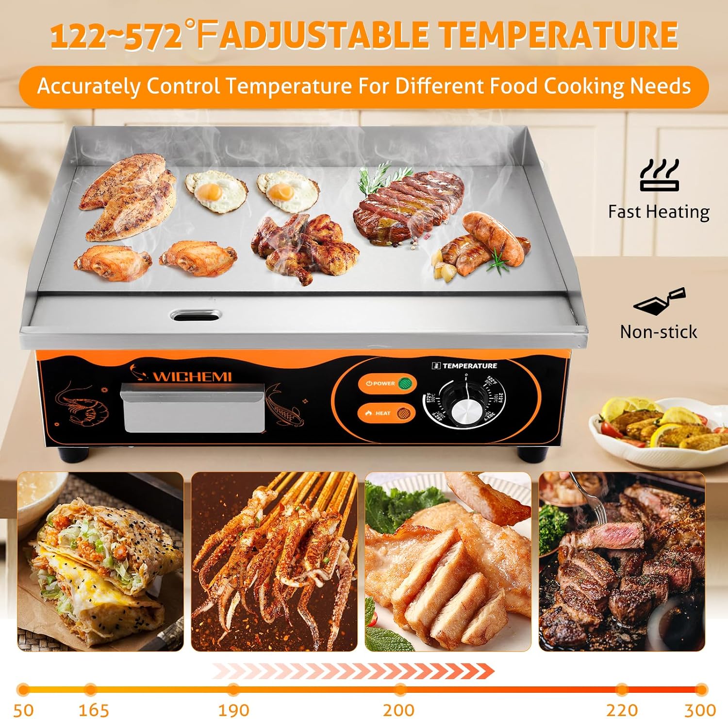 WICHEMI 22' Electric Grill Commercial Countertop Griddle Flat Top Grill Hot Plate Non-Stick Stainless Steel Teppanyaki Grill for Restaurant Kitchen, 110V 3000W