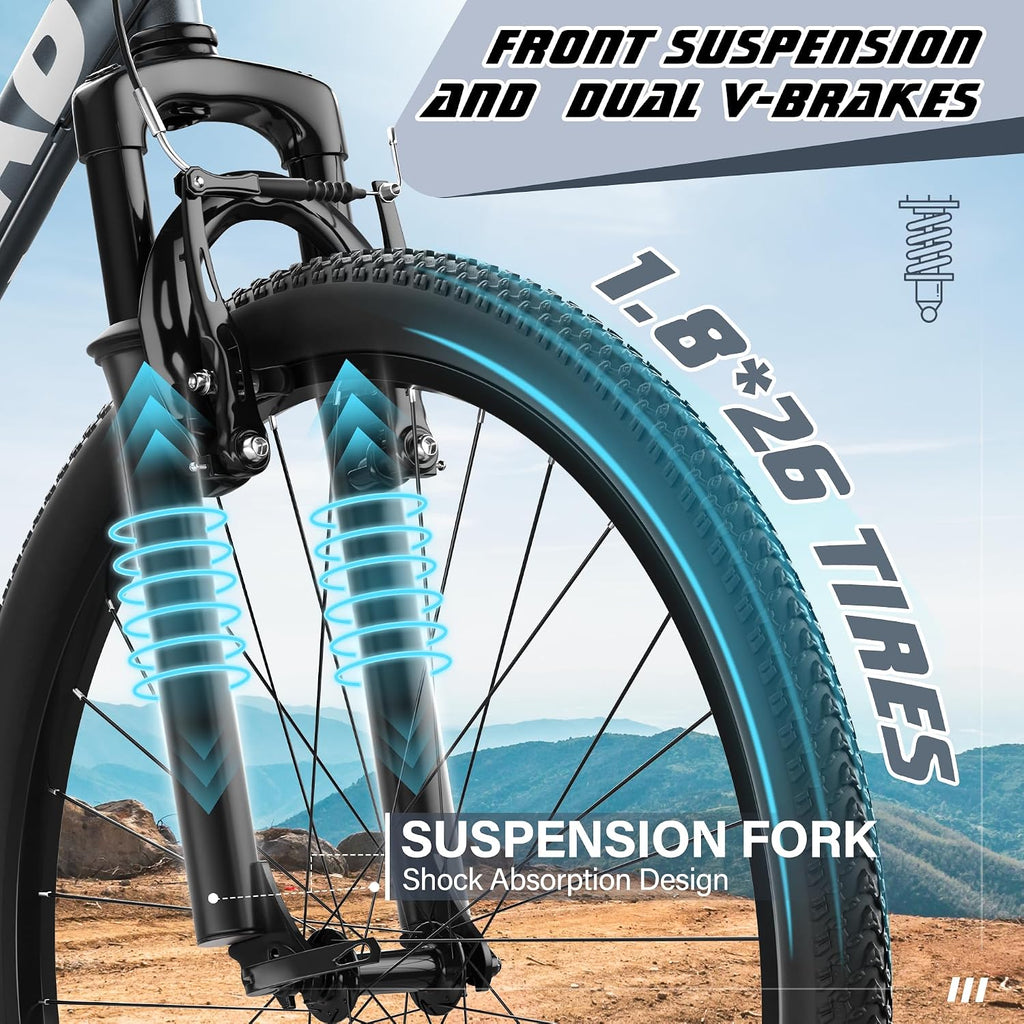Betterland 26 Inch Mountain Bike with Adjustable Ergonomic Seat, 7/21 Speed Adult Bike with Dual V Brakes, Outdoor Cycling Bike with High Carbon Steel Frame and Front Suspension