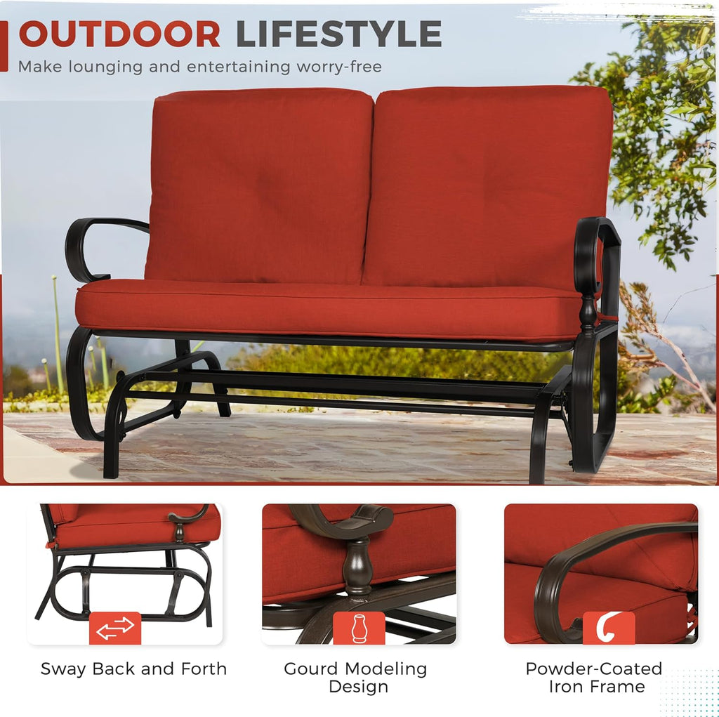 Crownland Outdoor Patio Glider Chair, Rocking Glider Bench for 2 Person, Porch Furniture Loveseat Seating, Wrought Iron Patio Gliders for Outside, Porch, Garden, Classic Red