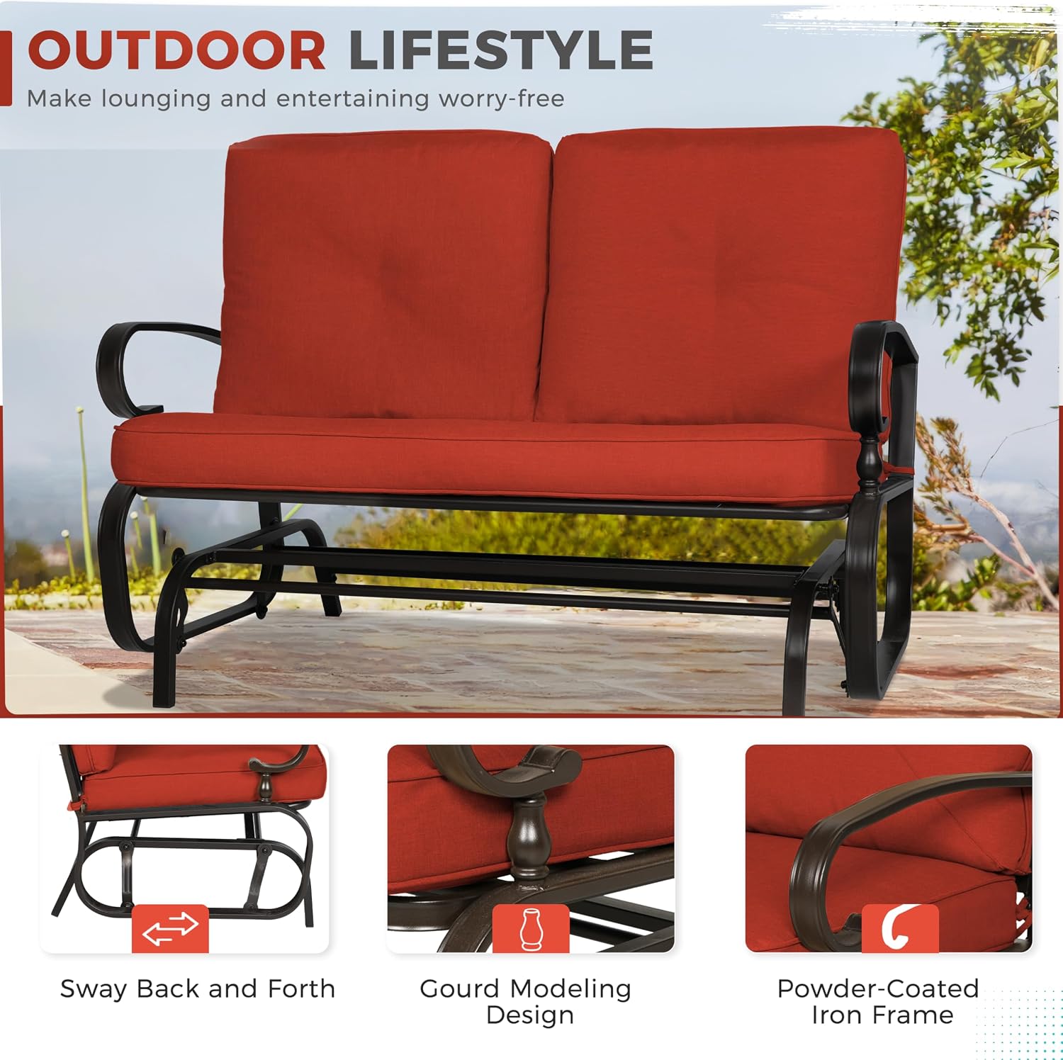 Crownland Outdoor Patio Glider Chair, Rocking Glider Bench for 2 Person, Porch Furniture Loveseat Seating, Wrought Iron Patio Gliders for Outside, Porch, Garden, Classic Red