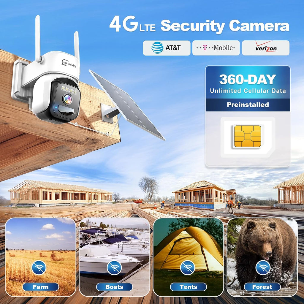 4G LTE Cellular Solar Security Camera w/ 360 day unlimited data, No WiFi surveillance camera Wireless Outdoor, PIR Motion Sensor, Human Tracking, 360° Live View, 2 Way Talk, 2K Color Night Vision
