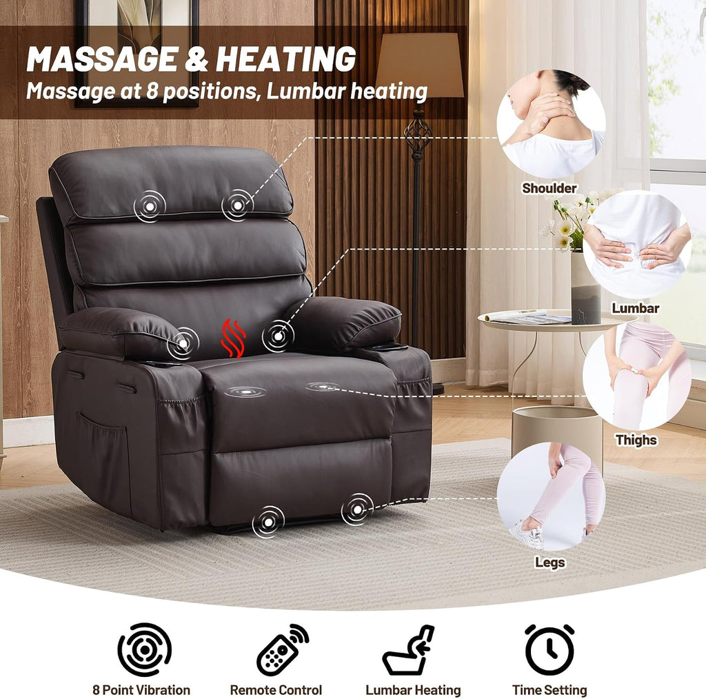 PU Leather Extra Wide Manual Recliner for Adults with Massage and Heat, Large Lazy Chair with 1.5X Sponge Comfort Arm and Back for Living Room, Bedroom