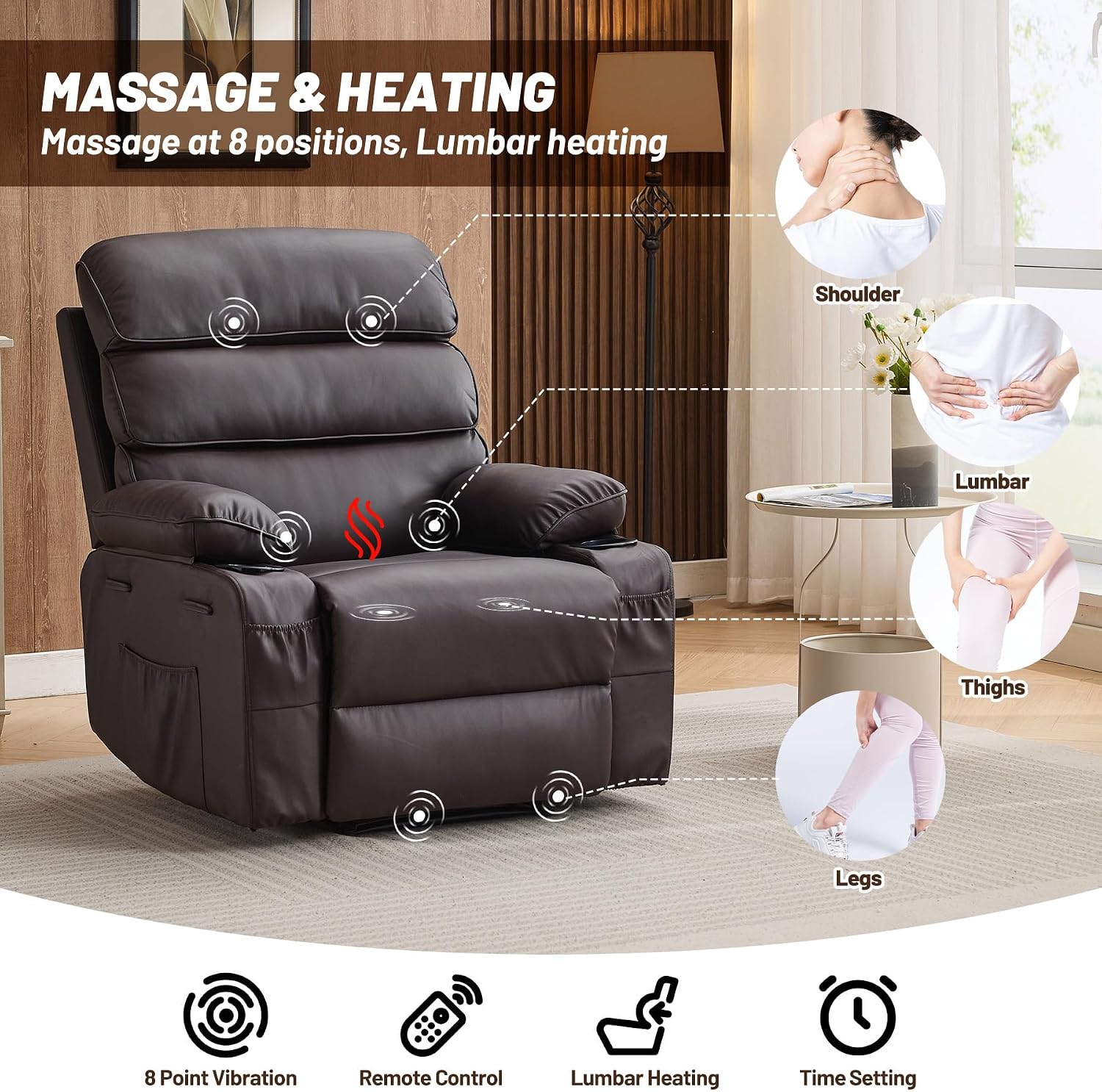 PU Leather Extra Wide Manual Recliner for Adults with Massage and Heat, Large Lazy Chair with 1.5X Sponge Comfort Arm and Back for Living Room, Bedroom