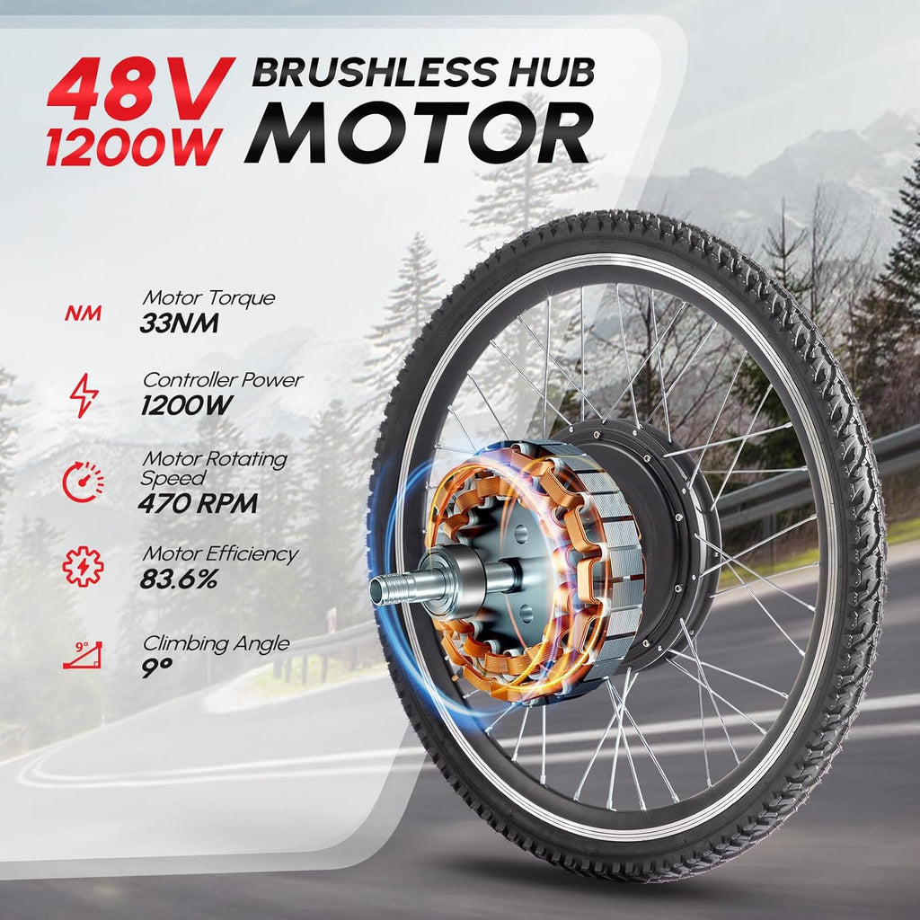 PEXMOR Electric Bike Conversion Kit, 48V 1200W 26' Rear Wheel E-Bike Hub Motor Kit, Upgrade 3 Mode Controller with PAS/Twist Throttle with Battery Indicator Ebike Bicycle Wheel Kit