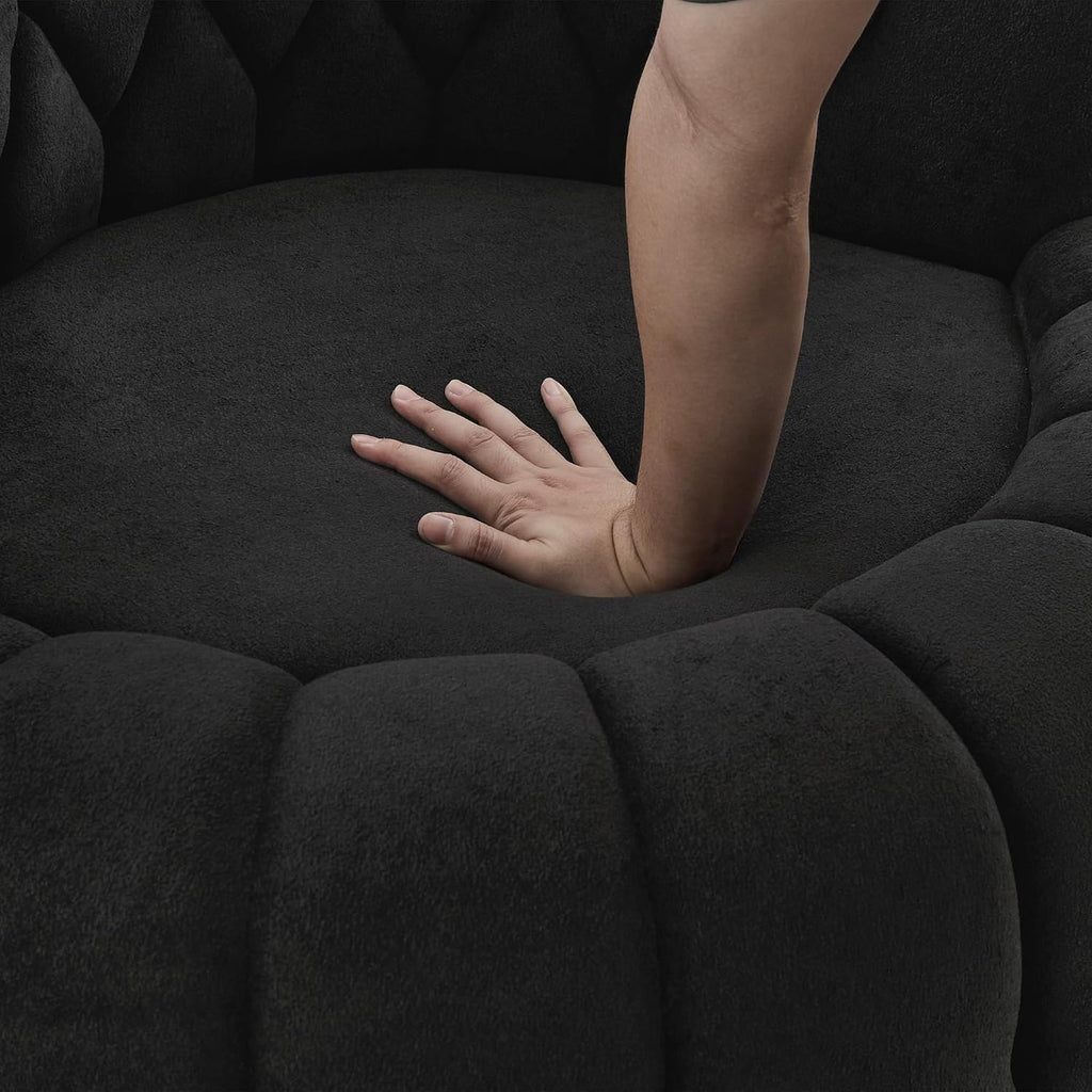 360° Swivel Accent Chair, Chenille Fabric Barrel Swivel Chair Round Club Chair with Curved Armrests & Thick Cushioning, Stylish Channel-Tufted & Diamond-Quilted Backrest for Living Room (Black,02)