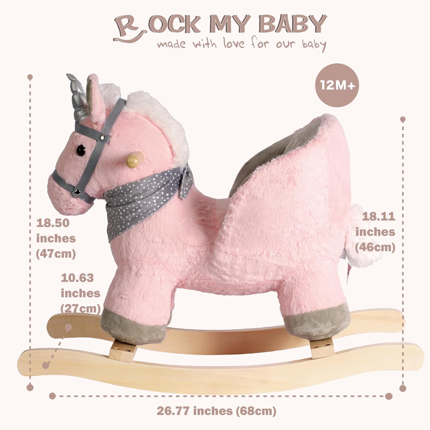 Baby Animal Rocker, Rocking Horse with Seat, Ride on Horse, Plush Rocking Horse with Unicorn Music, Wooden Rocking Horse for Toddlers 1-3, (Pink Unicorn), CPC Certified