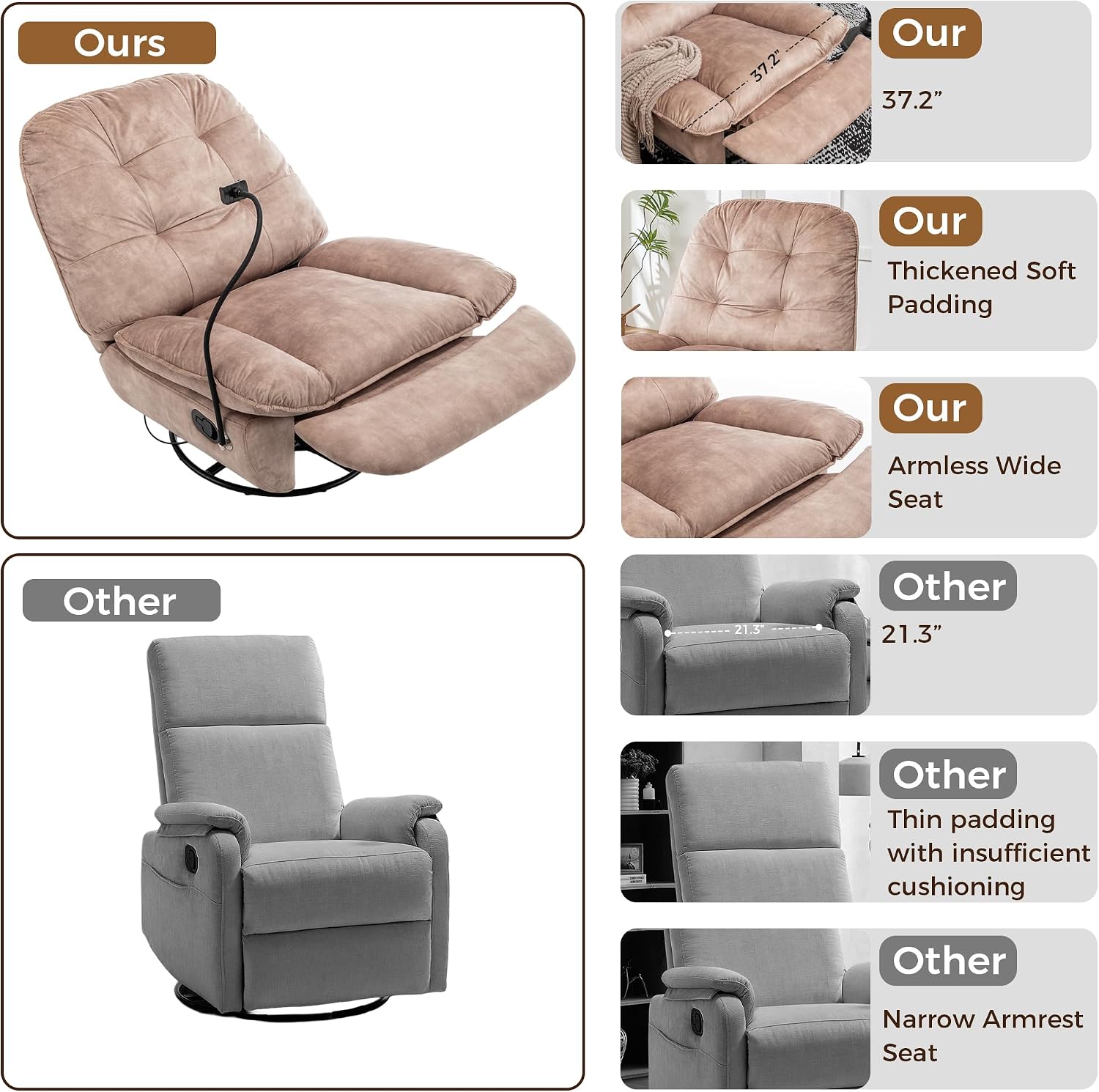 Swivel Rocker Recliner Chair for Adult, Glider Nursery Rocking Chair, Armless Manual Single Recliner Sofa for Living Room, Oversized & Overstuffed, Phone Holder Included, Light Brown Velvet
