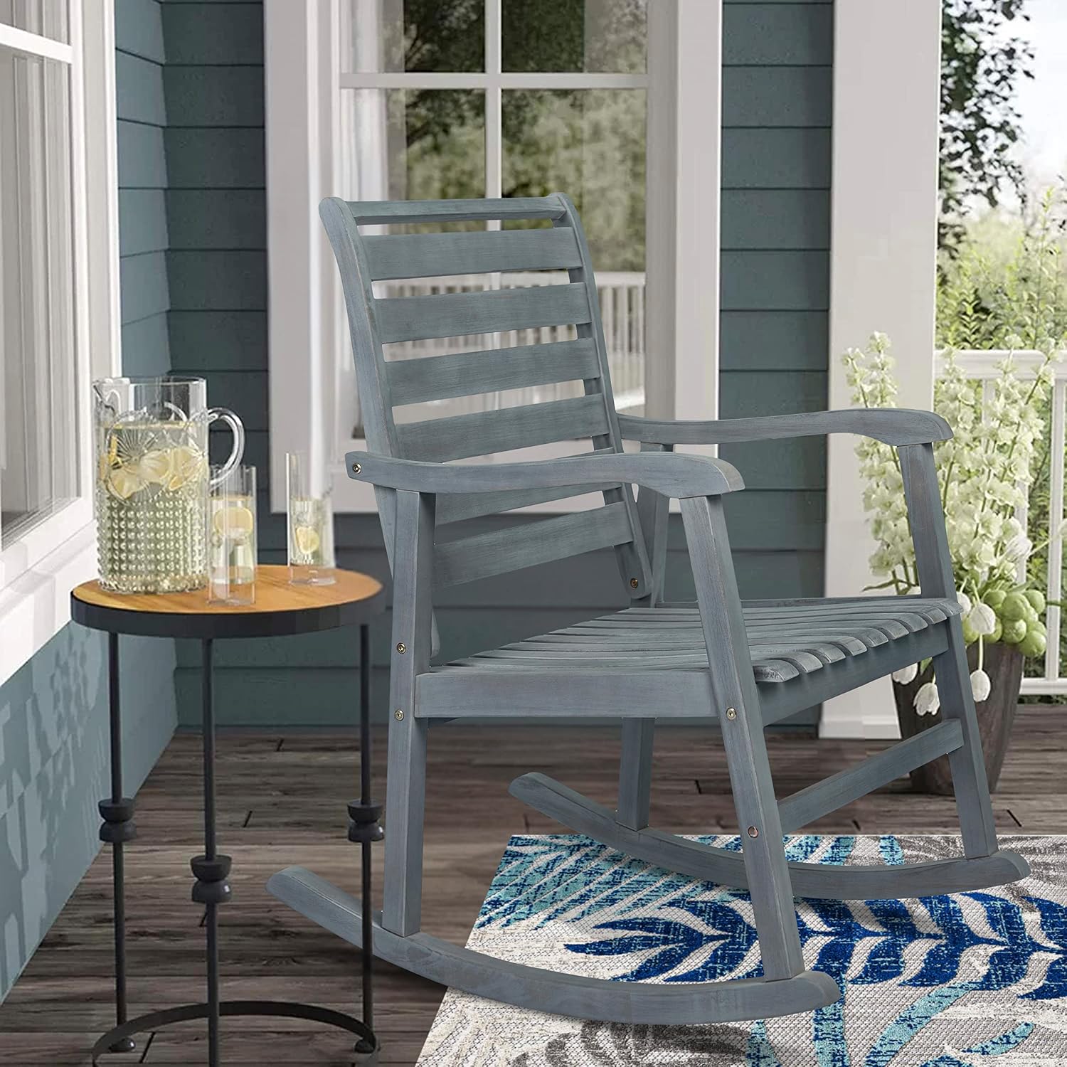 JONATHAN Y RCK101B Carey Modern Slat-Back 300-Lbs Support Acacia Wood Patio Outdoor Rocking Chair for Garden, Lawn, Backyard, Pool, Deck, Beach, Firepit, Gray
