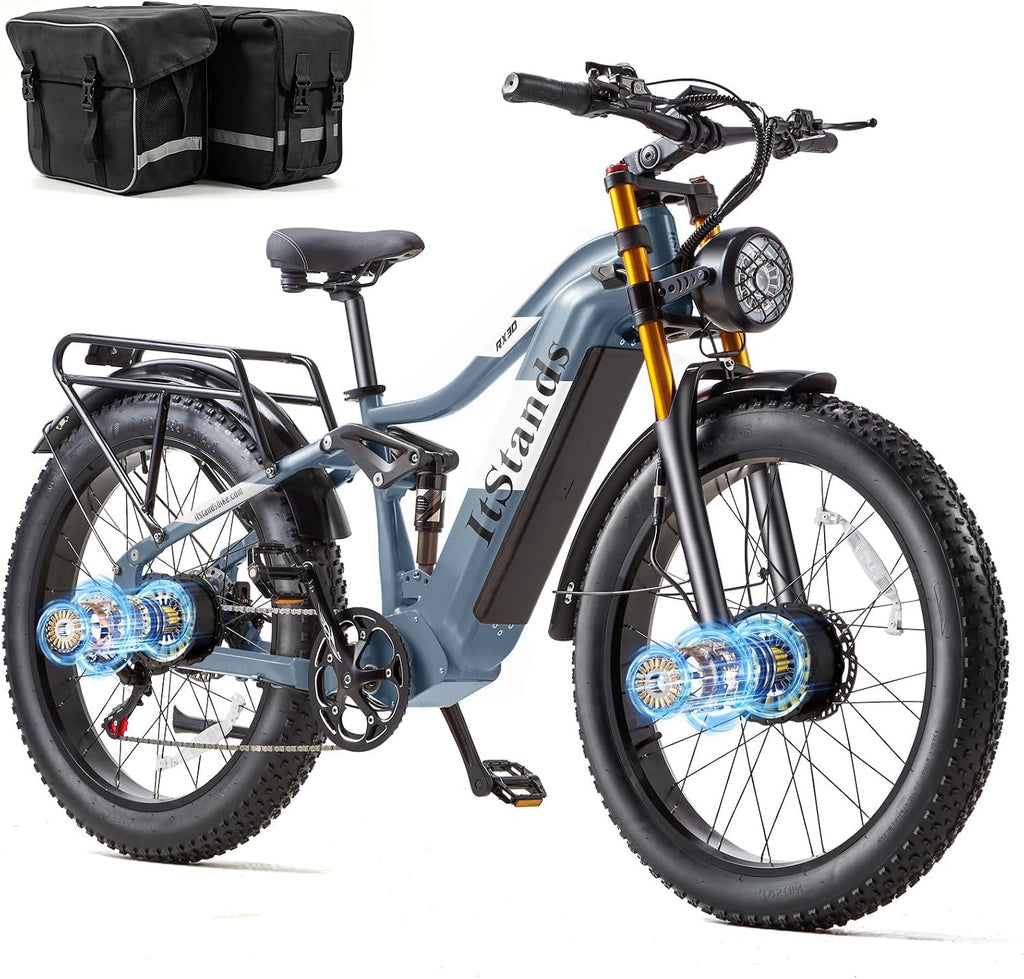 2026 Dual Motor Electric Bike for Adults AWD 5000W/3000W Peak 40 MPH/30 MPH E Dirt Bike, 52V/48V Removable Battery 65/80/150 Miles Max Long Range with Full Suspension 26' Fat Tires Mountain Bike