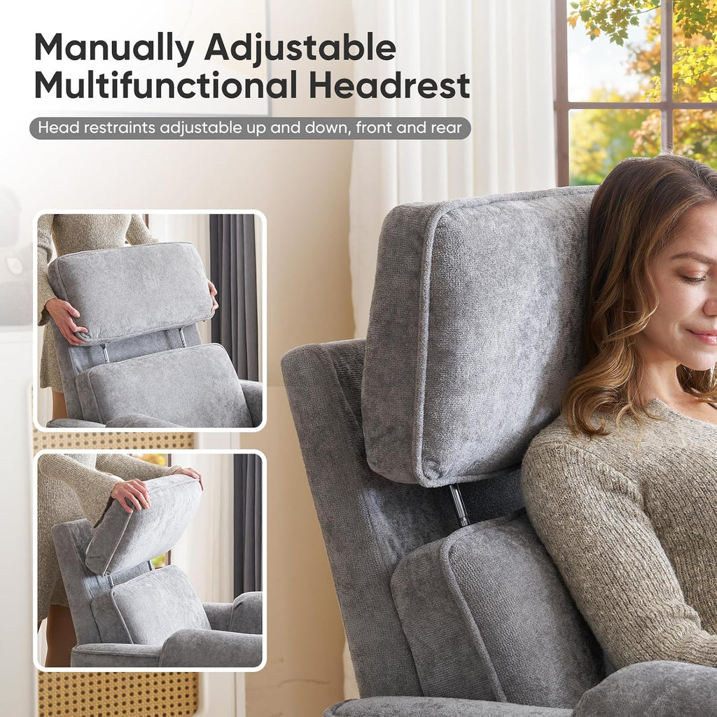 Oversized Power Recliner Chair, 26' Extra Wide Swivel Rocker Recliner with Adjustable Headrest, Chenille Glider Rocking Nursery Chair with Overstuffed Armrest, USB Ports, Grey