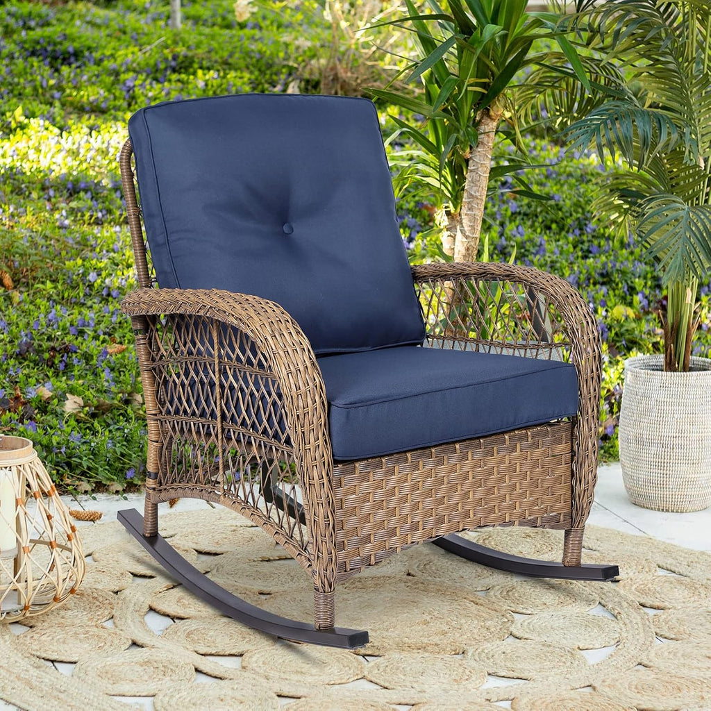 Outdoor Wicker Rocking Chair with Thickened Cushions, All-Weather Rattan Patio Rocking Chairs, Rocker Wicker Chair for Porch Garden & Backyard, Navy Blue