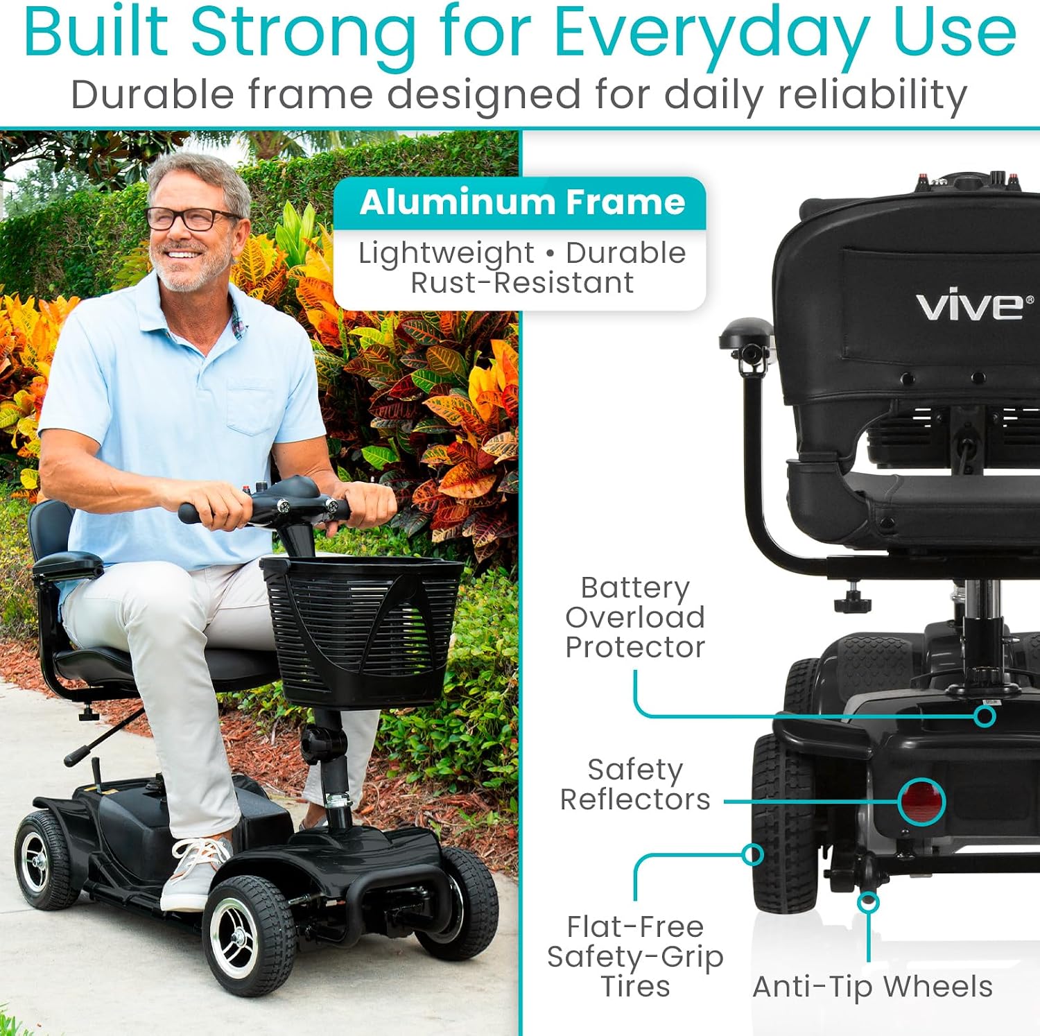 Vive 4 Wheel Mobility Scooter - Electric Powered Wheelchair Device - Compact Heavy Duty Mobile for Travel, Adults, Elderly - Long Range Power Extended Battery with Charger & Basket