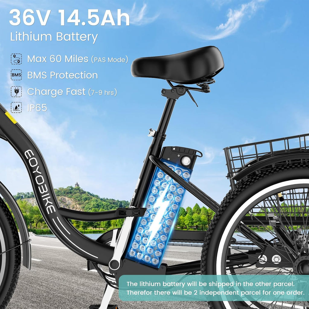 Electric Tricycle for Adults Seniors, 24/26 Inch 3 Wheel E-Trike, 350W Motor (700W Peak), Removable 36V Battery, Up to 15.5MPH, 25-60Mile Range, Low Step-Through, Rear Basket, 350lbs Capacity, 7 Speed