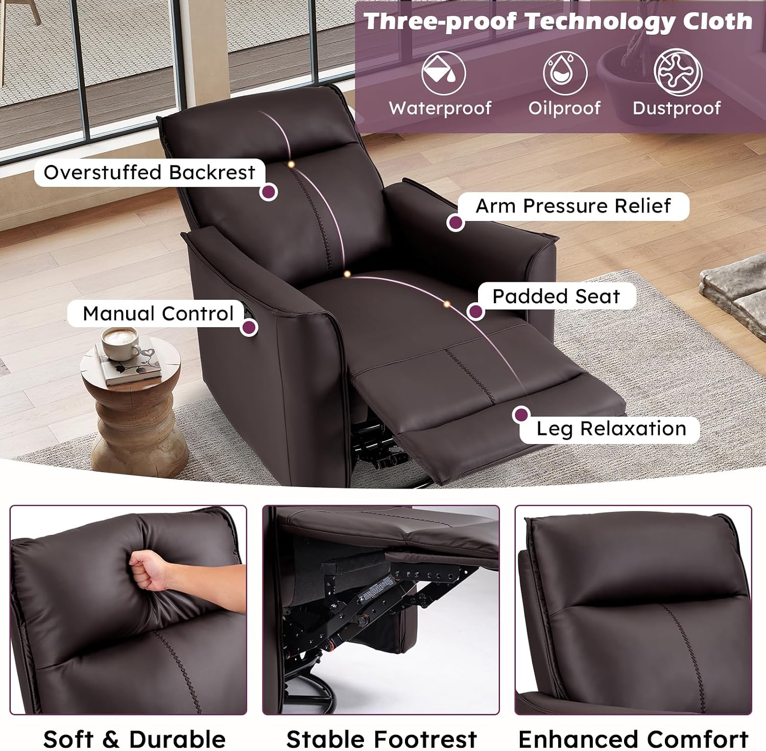 ANJ Manual Swivel Rocker Recliner, Glider Recliners with Padded Armrest and Backrest, Soft Leather Nursery Rocking Recliner Chair Reclining Sofa for Living Room