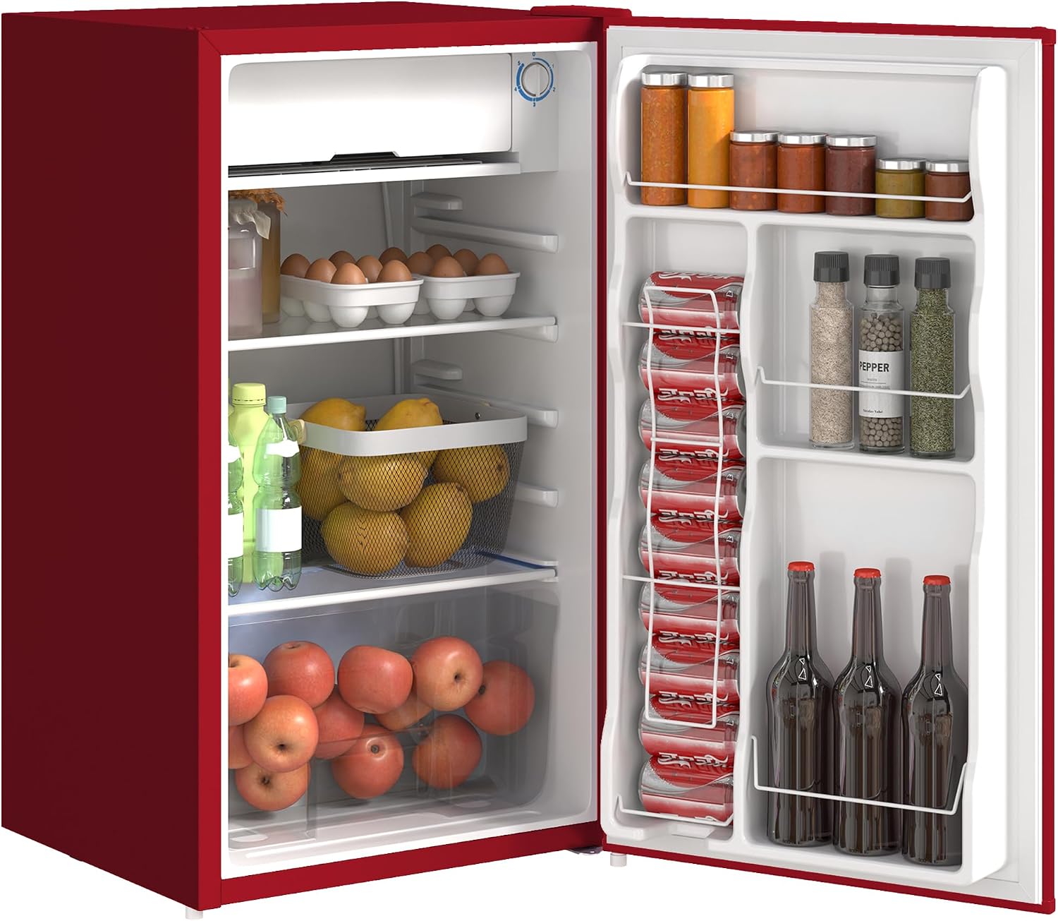 HOMCOM 3.2 Cu.Ft Mini Fridge with Freezer, Compact Refrigerator with Adjustable Thermostat, Shelf and Single Reversible Door for Bedroom, Dorm, Home Office, Energy Efficient, Red