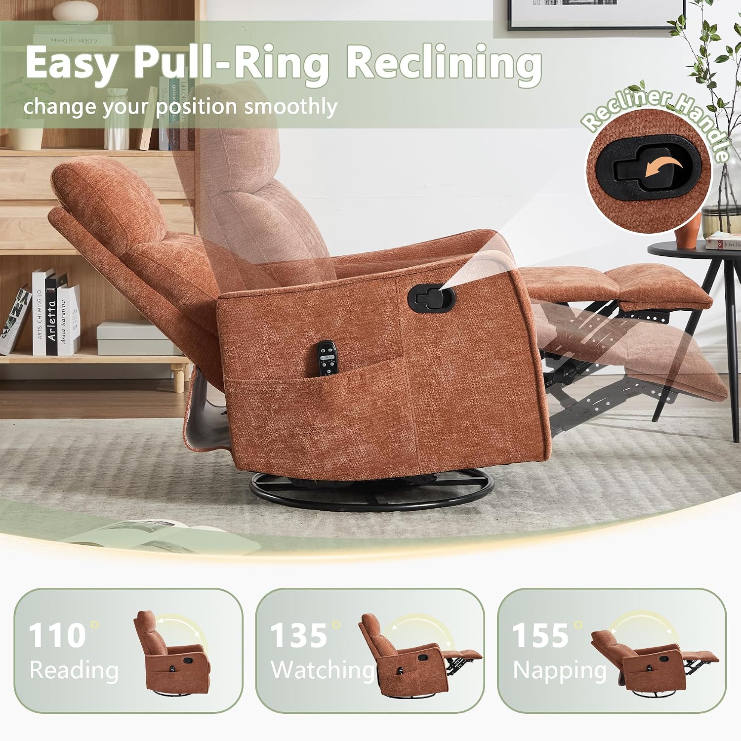 cinkehome Heated Massage Swivel Rocker Recliner Chair for Nursery - Small Space Reclining Chair with Lumbar Support, 360° Swivel & Gentle Rocking, Ergonomic High Back, Orange Chenille