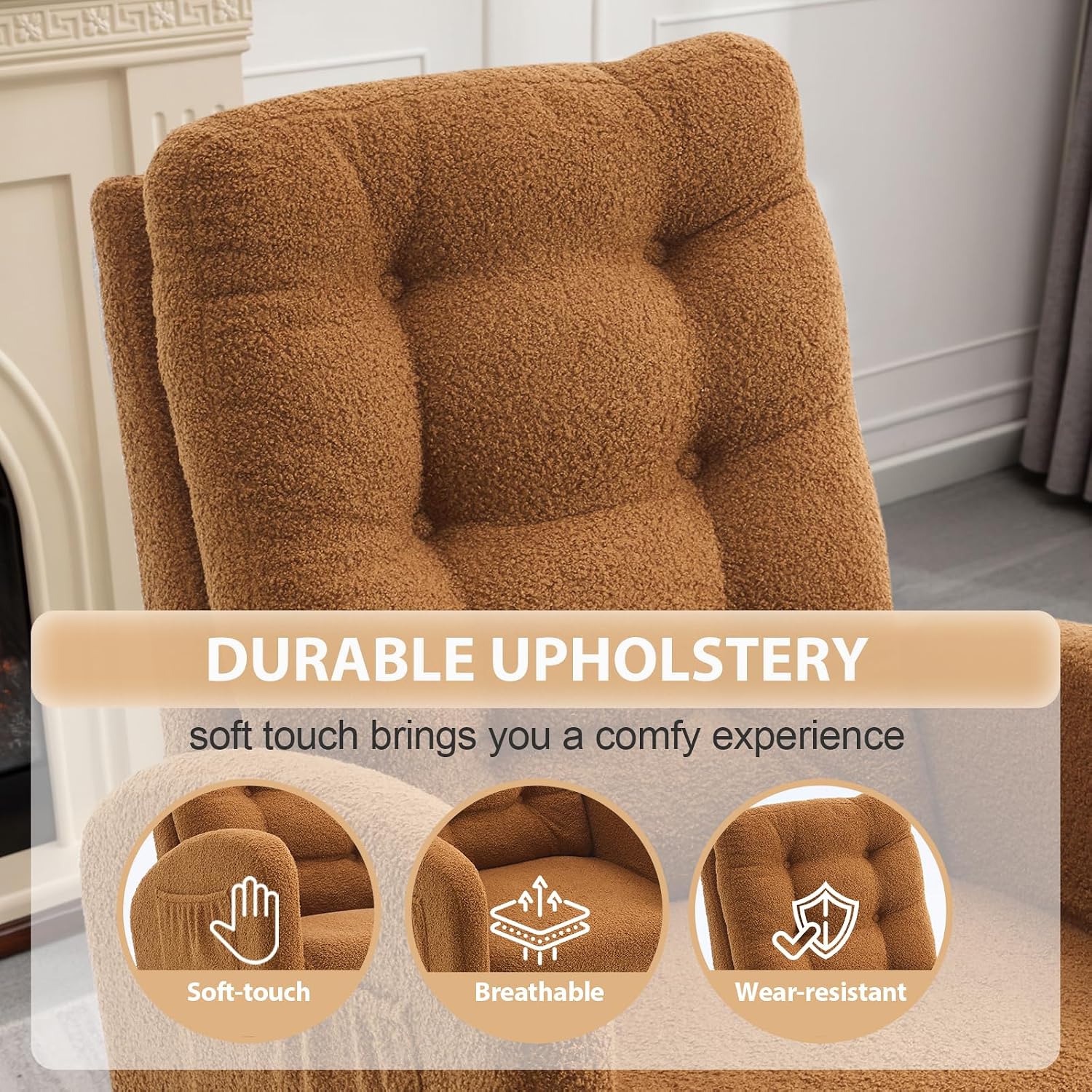 cinkehome Nursery Rocking Chair with Retractable Foot Rest, Teddy Glider Rocking Chair, Mid Century Rocker Chair, High Back, Solid Wood Legs