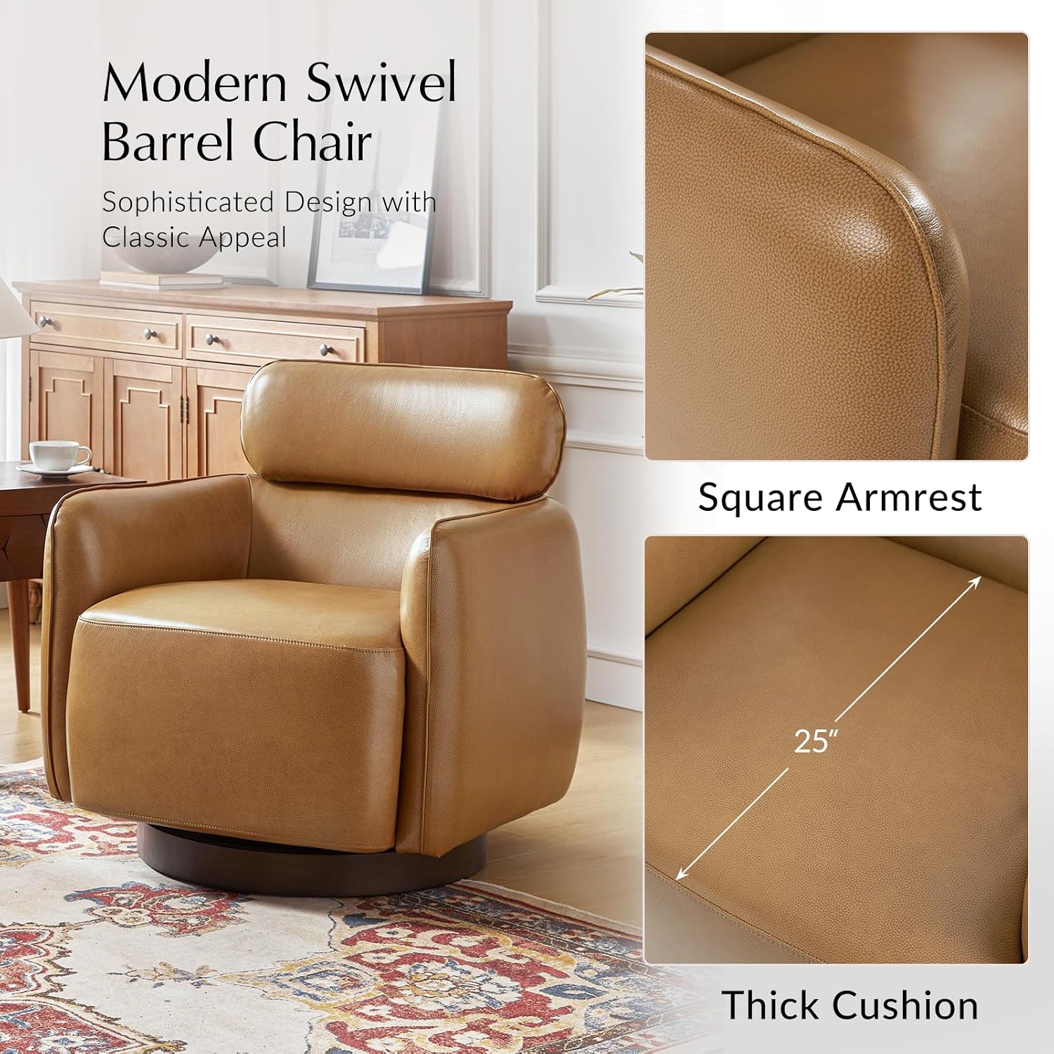 HULALA HOME Genuine Leather Swivel Rocker Chairs Set of 2, Swivel Rocking Barrel Chairs with Wooden Base, Modern Leather Accent Chairs for Living Room, Easy Assembly, Camel