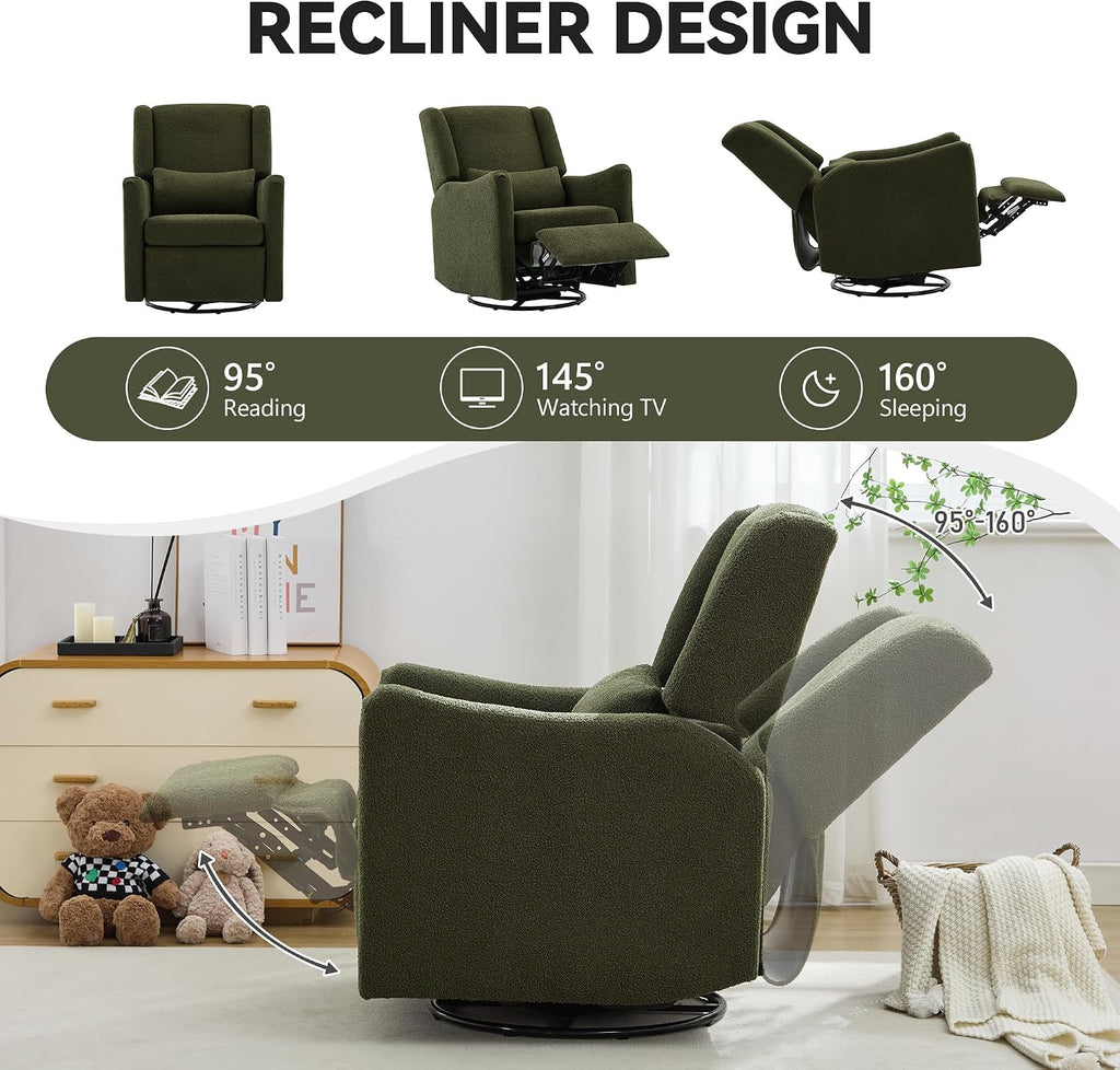 JIVOIT Modern Swivel Rocker Recliner Chair, 29.5'' Wide Wingback Swivel Rocker Recliner Chair, Linen Fabric Rocking Chair Nursery Chair for Living Room, Apartment (Seaweed Green/79)
